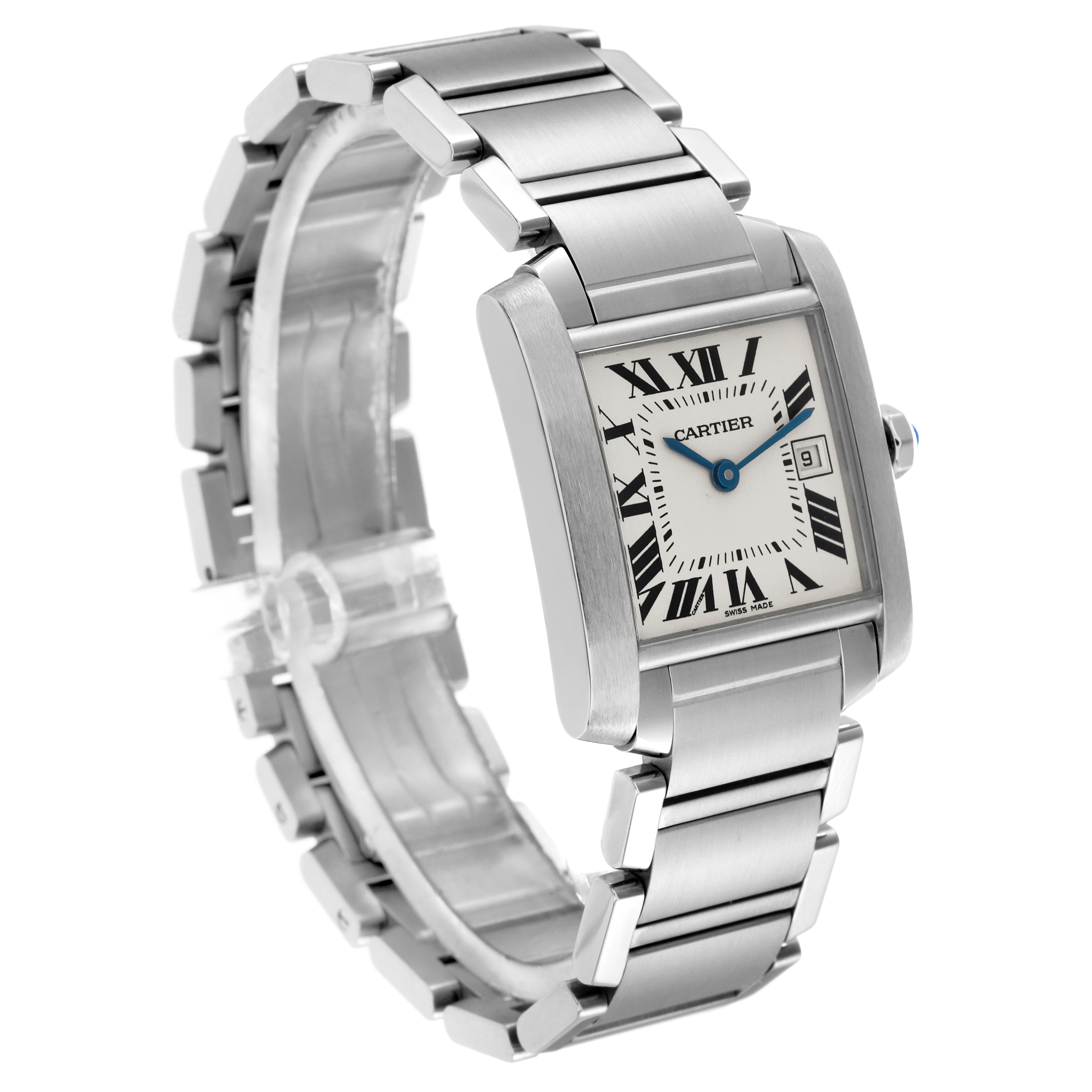 The Cartier Tank Française watch is shown at a three-quarter angle, highlighting its face, bezel, and bracelet.