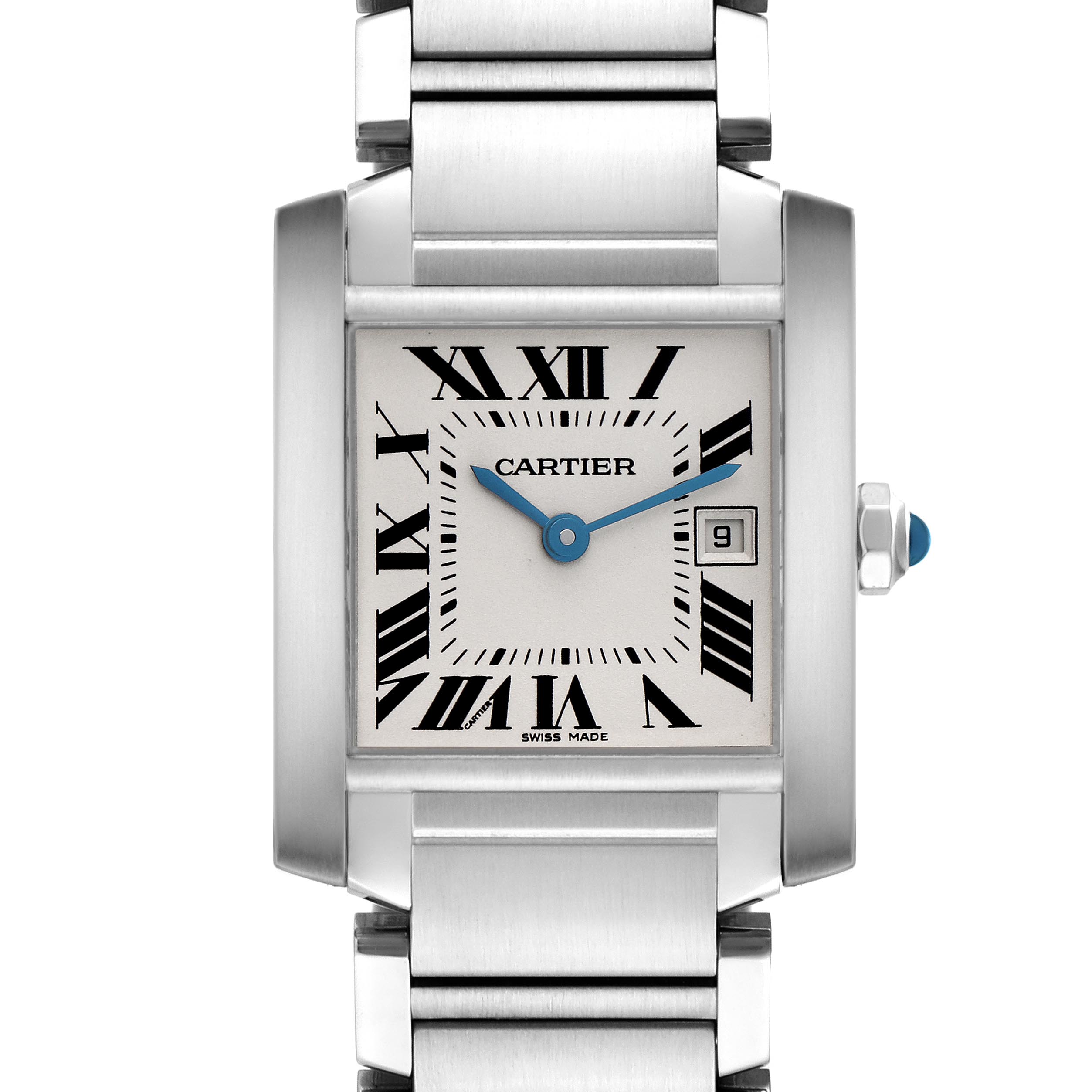 The Cartier Tank Francaise W51011Q3 Women
s Stainless Steel Silver Dial W51011Q3 Women
s Stainless Steel Silver Dial watch is shown from a front angle, displaying its face, Roman numerals, hands, bracelet, and crown.