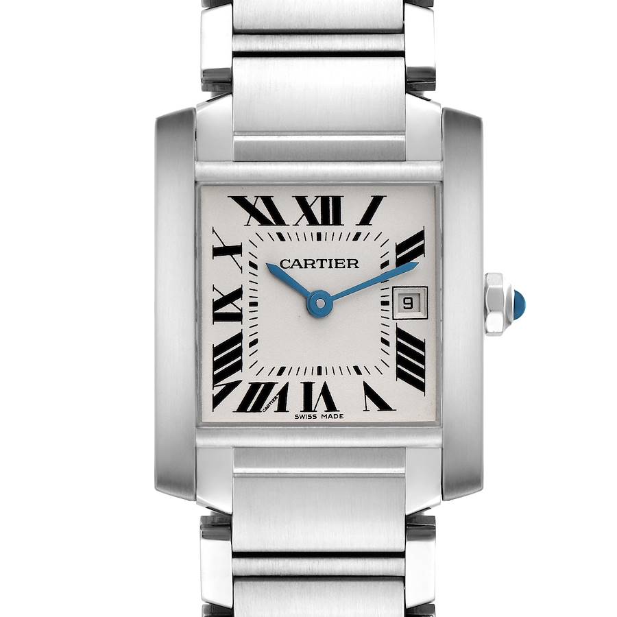 The Cartier Tank Francaise watch is shown from a front angle, displaying its face, Roman numerals, hands, bracelet, and crown.