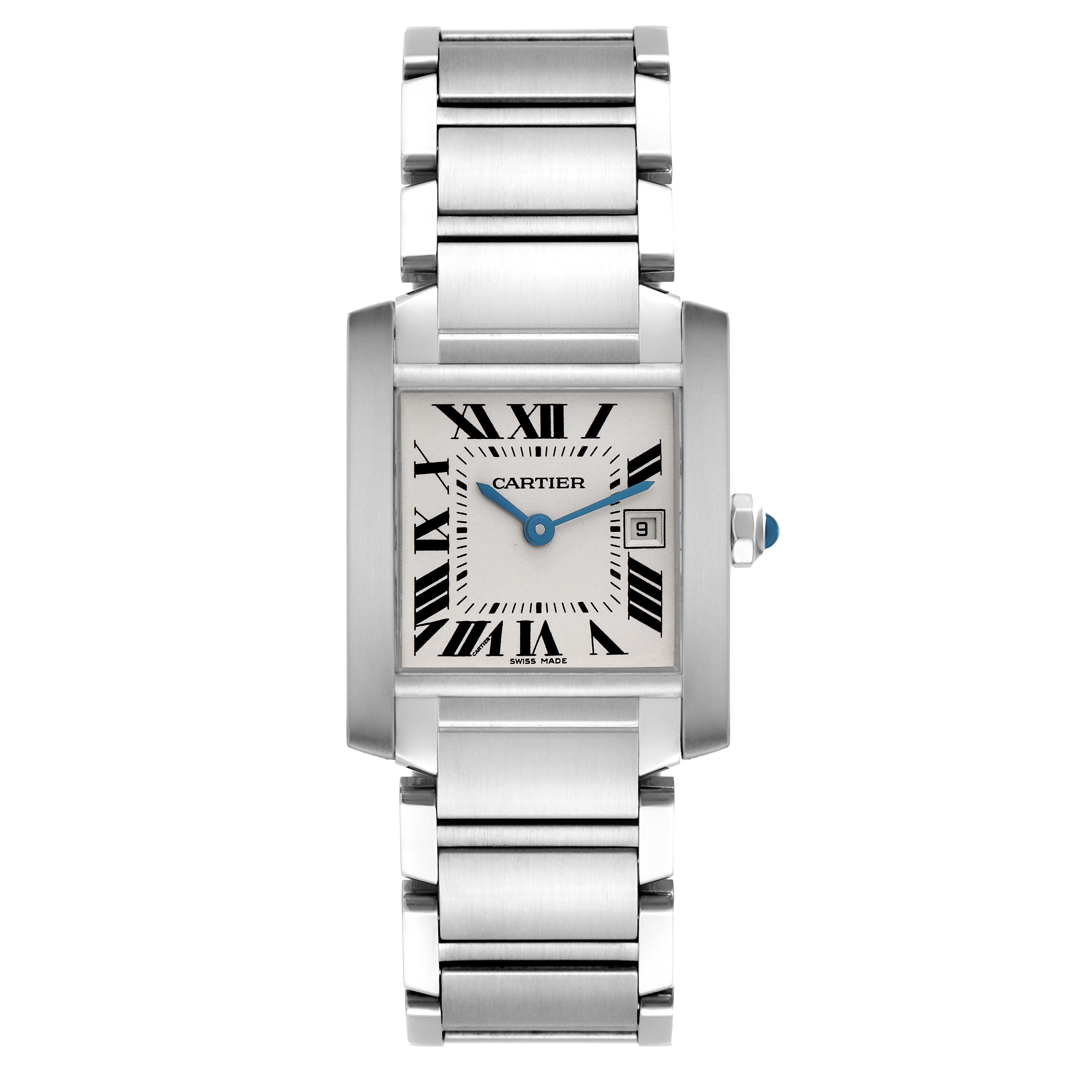 The Cartier Tank Française watch is shown from a top view, highlighting the face, bracelet, and crown.