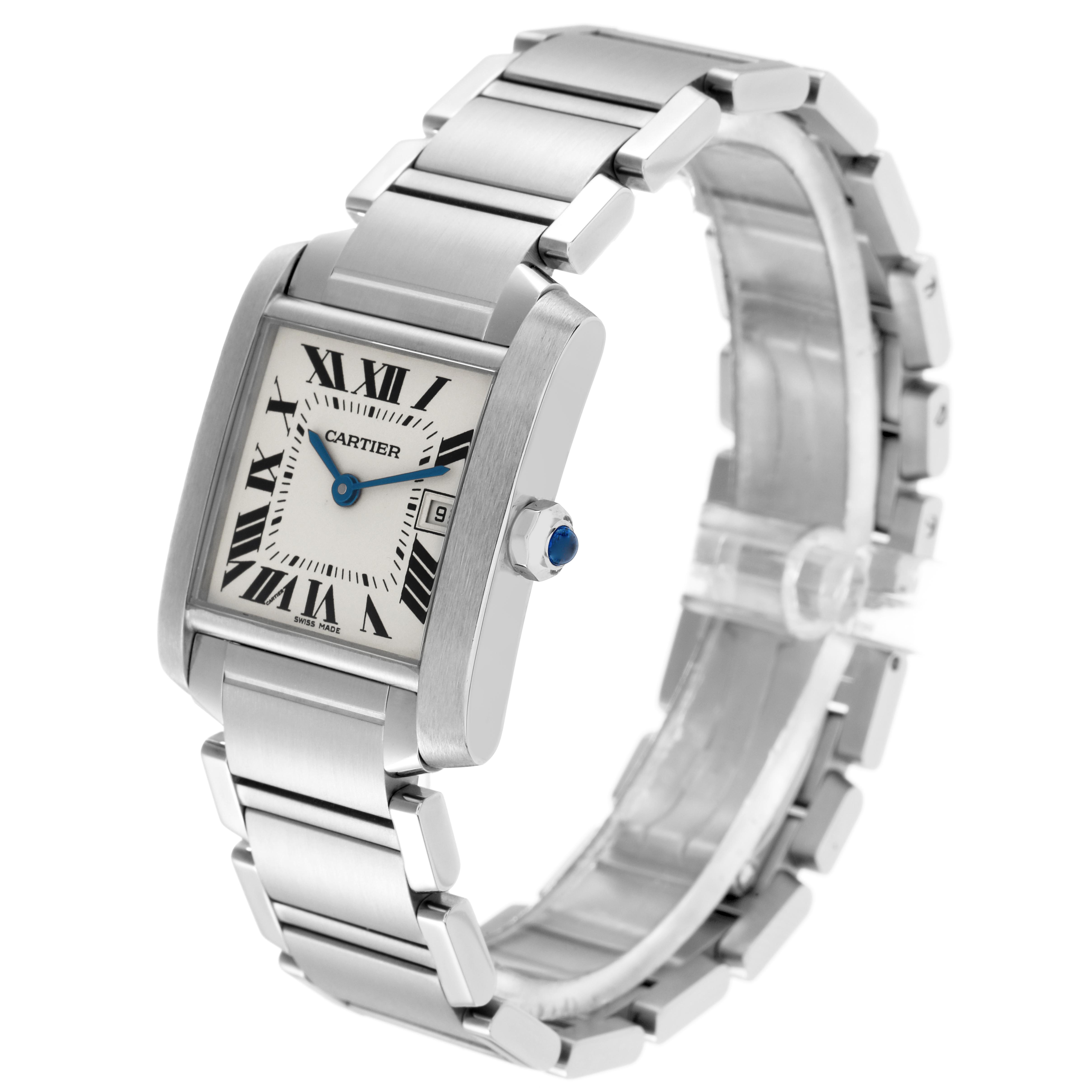 The Cartier Tank Française watch is shown at an angled view, highlighting the rectangular face, metal bracelet, and crown detail.