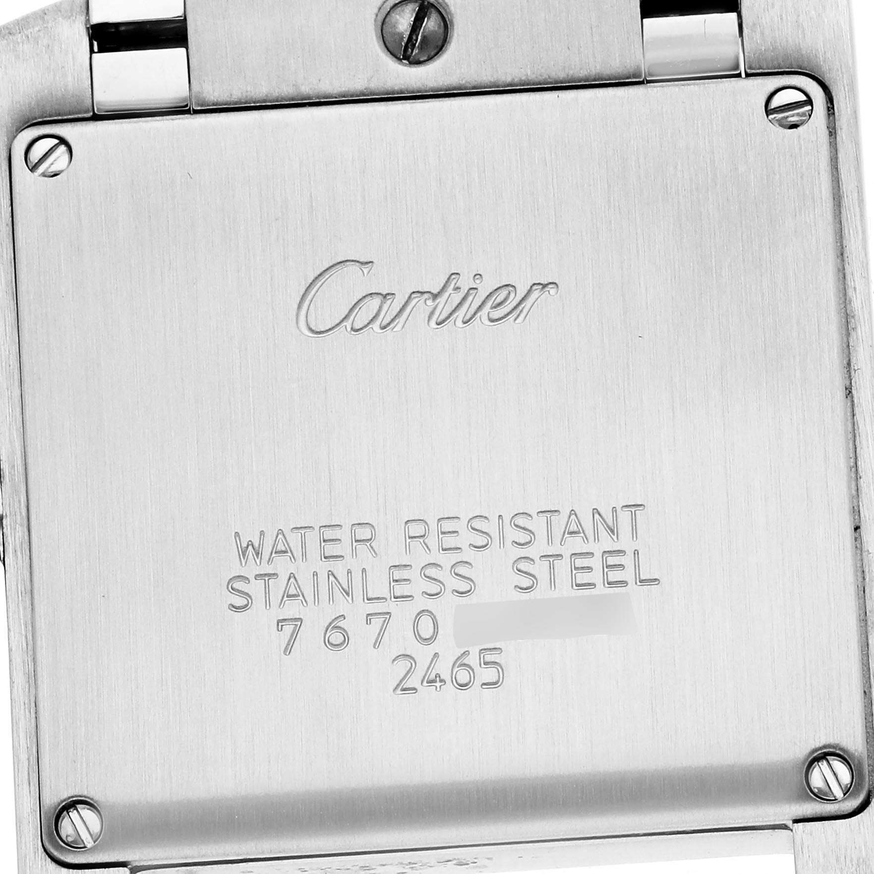 The image shows the back case of a Cartier Tank Francaise W51011Q3 Women
s Stainless Steel Silver Dial W51011Q3 Women
s Stainless Steel Silver Dial watch, highlighting the brand engraving and model details.