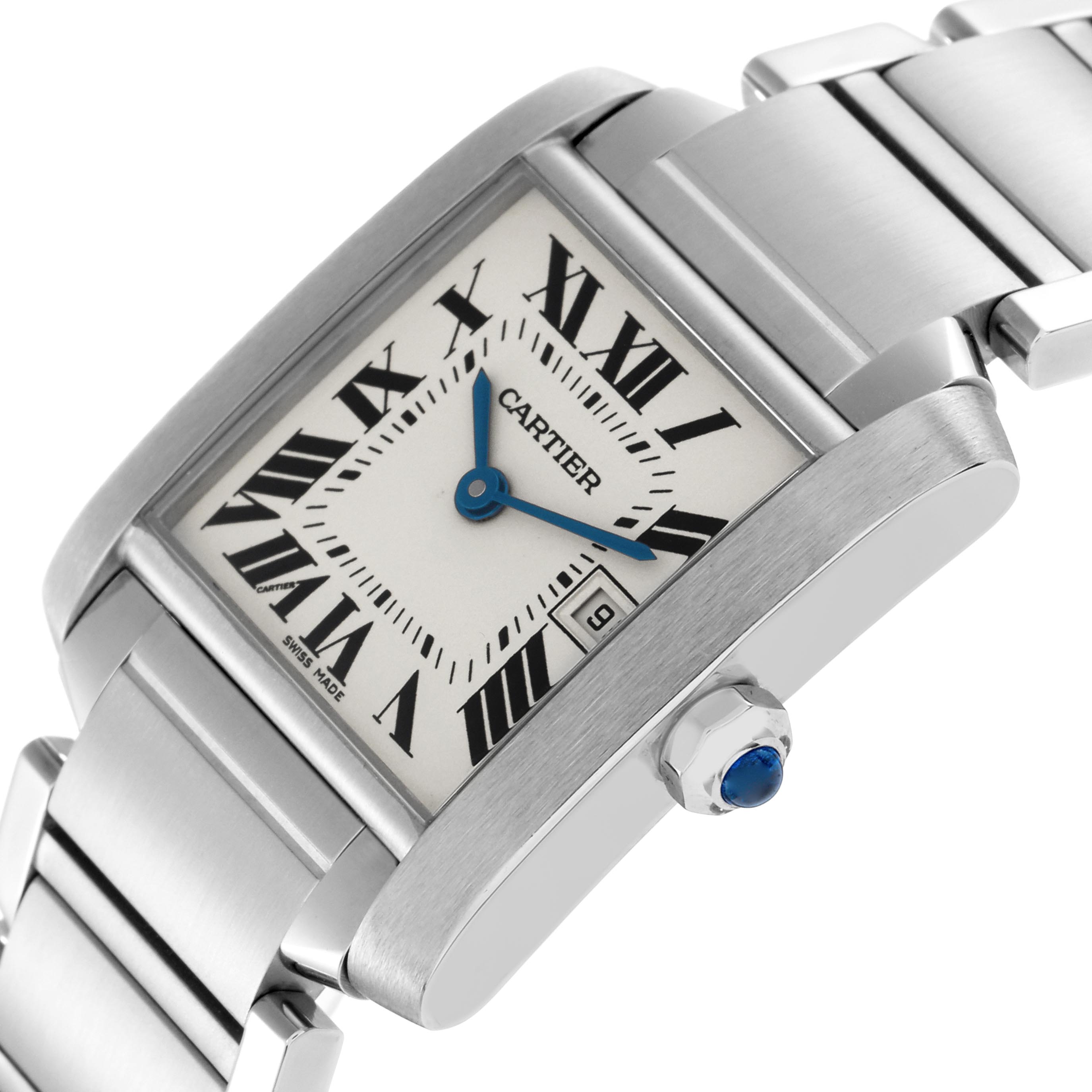 The Cartier Tank Francaise W51011Q3 Women
s Stainless Steel Silver Dial W51011Q3 Women
s Stainless Steel Silver Dial watch is shown from an angled view, highlighting the face, crown, bracelet, and case.