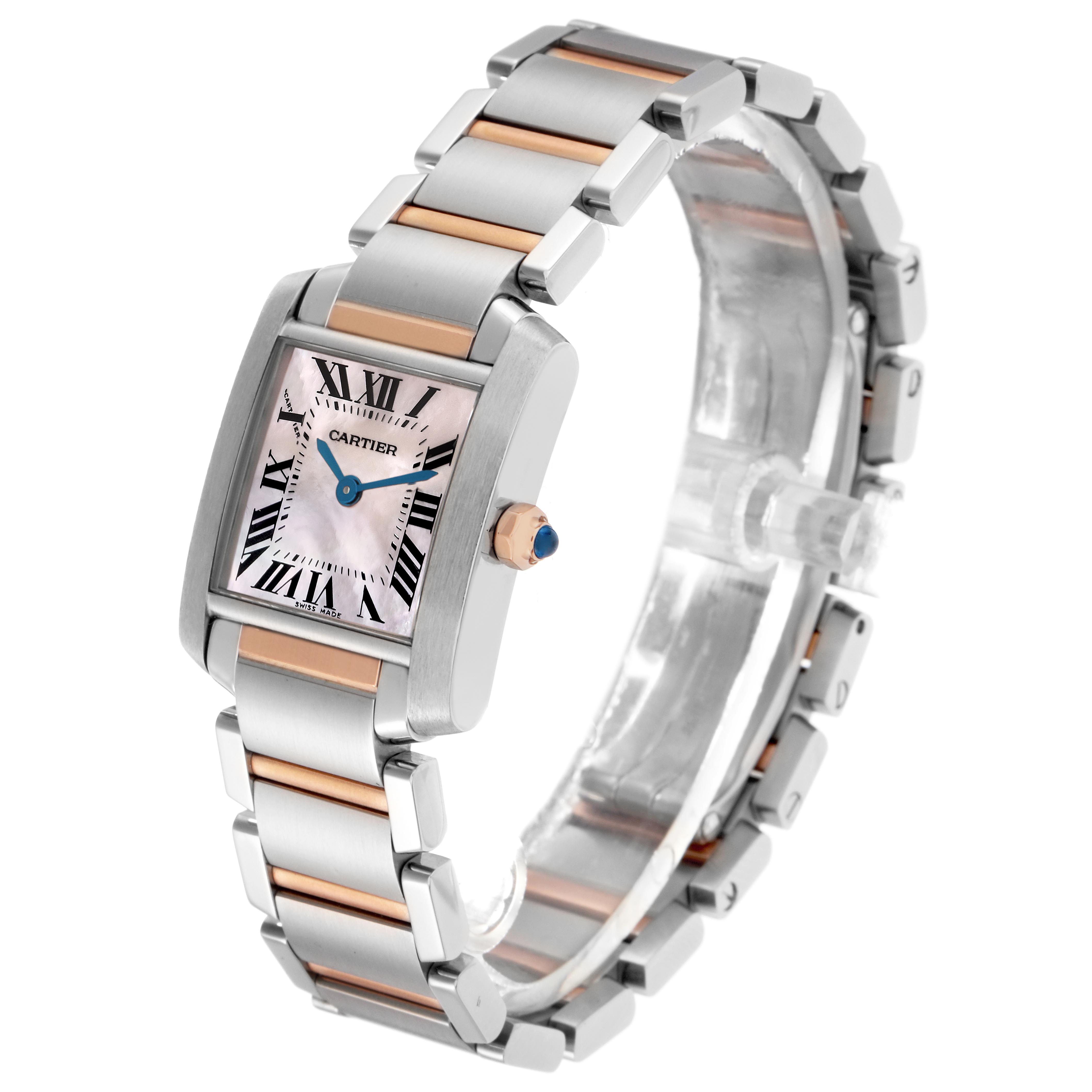 The Cartier Tank Francaise W51027Q4 Women
s Steel and Gold (two tone) Mother of Pearl Dial W51027Q4 Women
s Steel and Gold (two tone) Mother of Pearl Dial watch is shown at an angled side view, highlighting its two-tone bracelet and rectangular face.