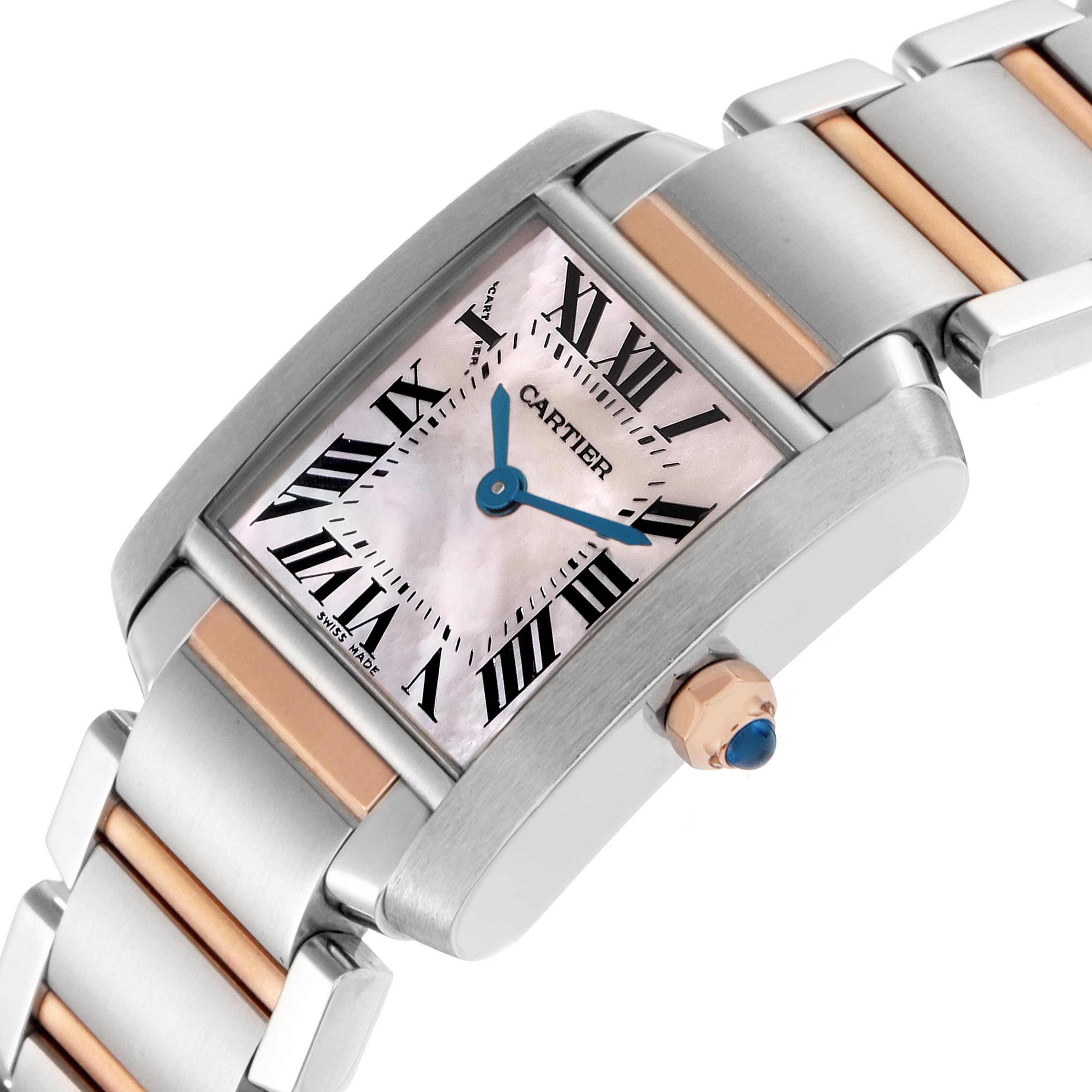 The Cartier Tank Française watch is shown at an angled view, highlighting the dial, crown with a blue cabochon, and two-tone bracelet.