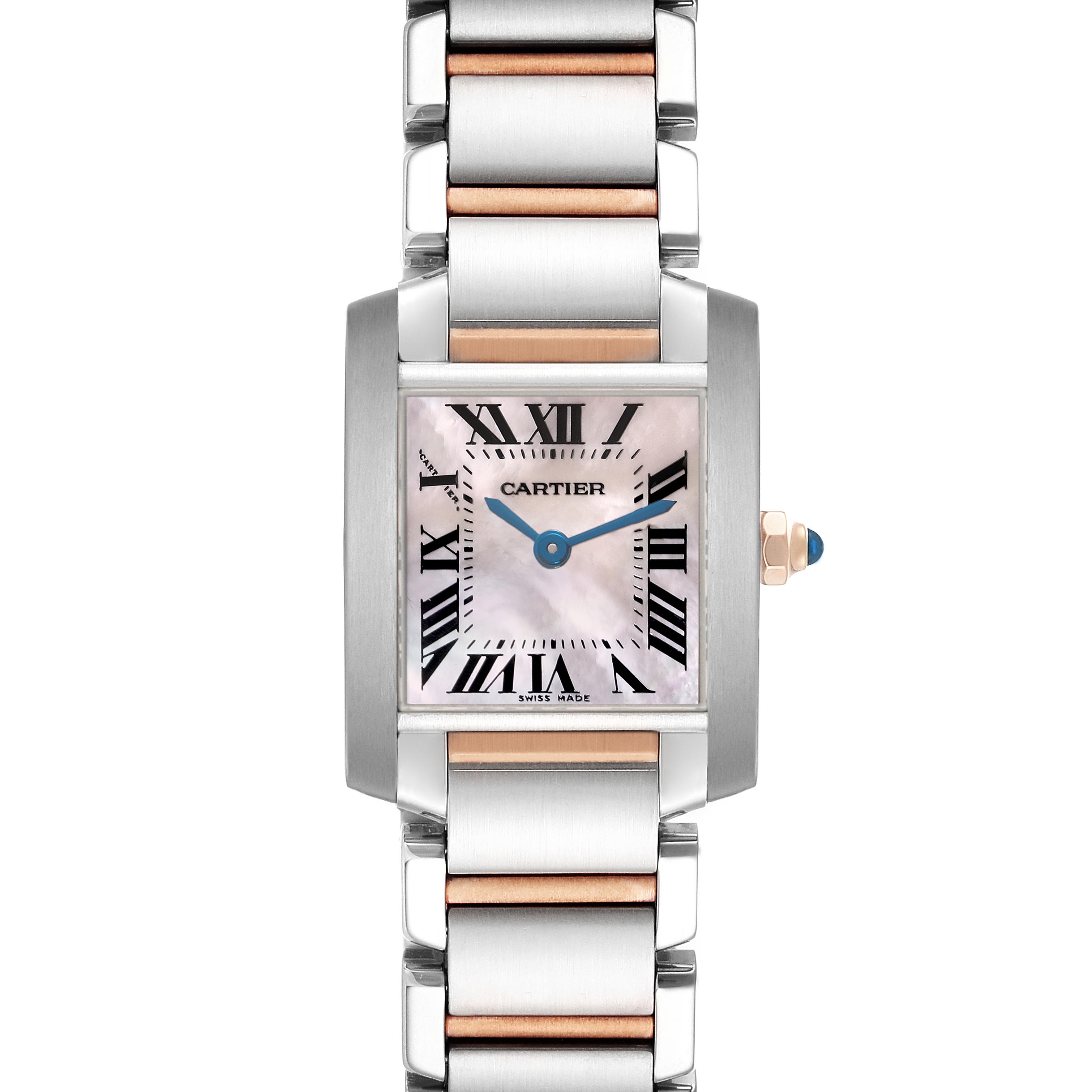 The Cartier Tank Francaise W51027Q4 Women
s Steel and Gold (two tone) Mother of Pearl Dial W51027Q4 Women
s Steel and Gold (two tone) Mother of Pearl Dial watch is shown from a front angle, displaying the face, crown, and part of the bracelet.