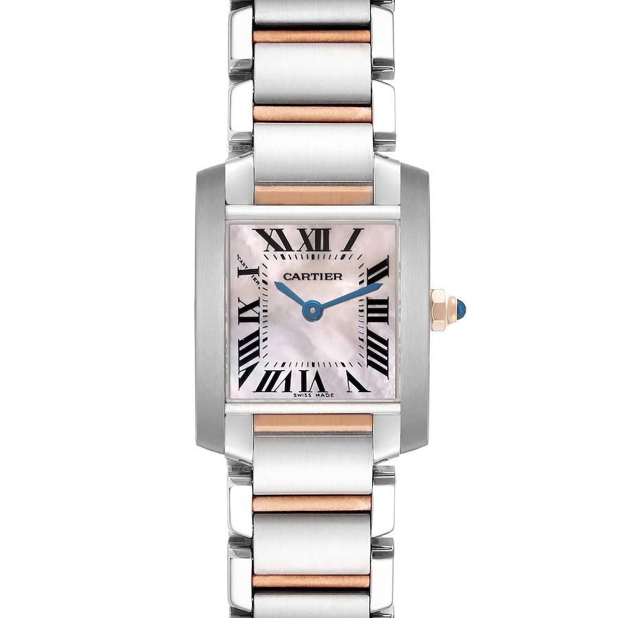 The Cartier Tank Francaise watch is shown from a front angle, displaying the face, crown, and part of the bracelet.