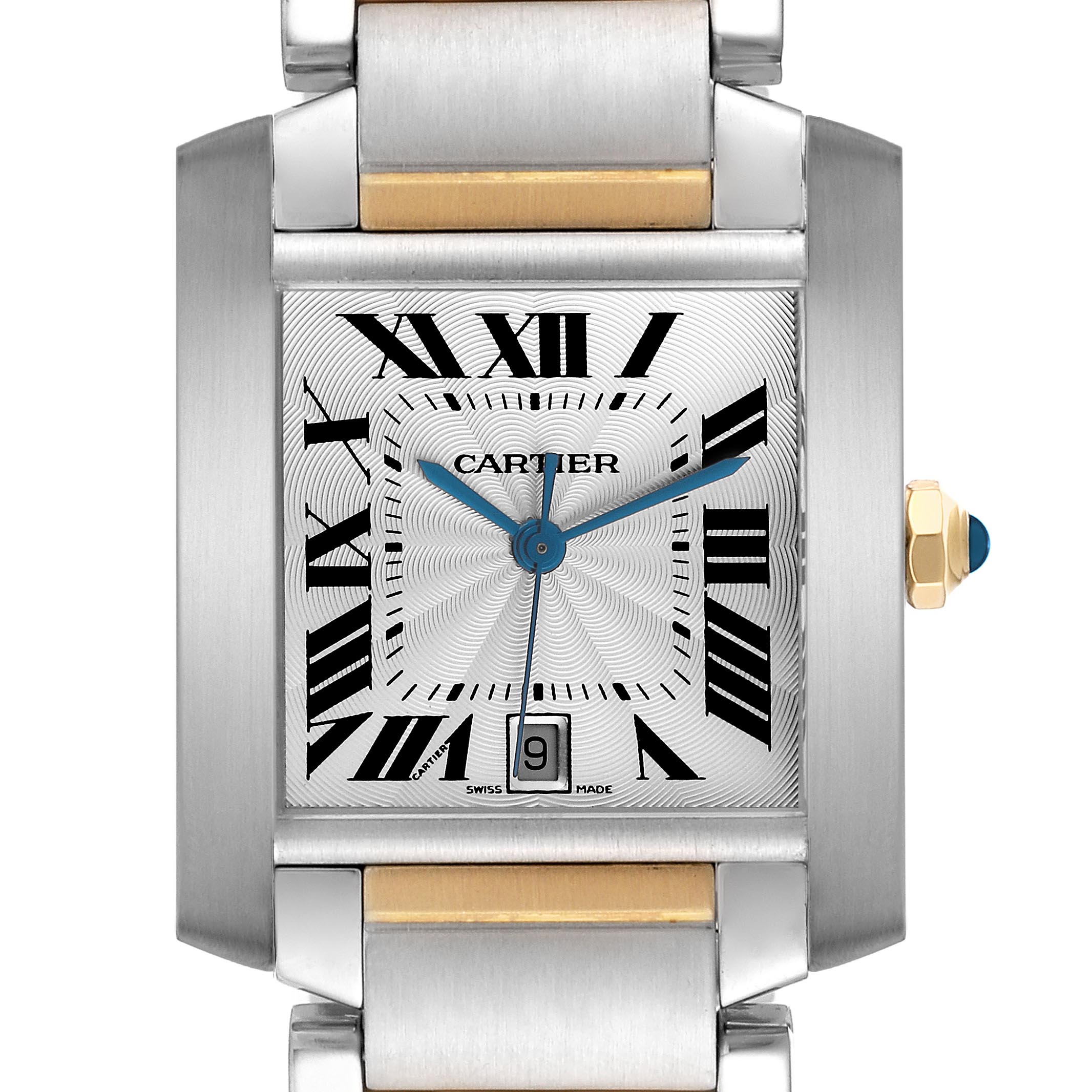 The Cartier Tank Francaise W51005Q4 Men
s Steel and Gold (two tone) Silver Dial W51005Q4 Men
s Steel and Gold (two tone) Silver Dial watch is shown from a front angle, highlighting the face, crown, and part of the bracelet.