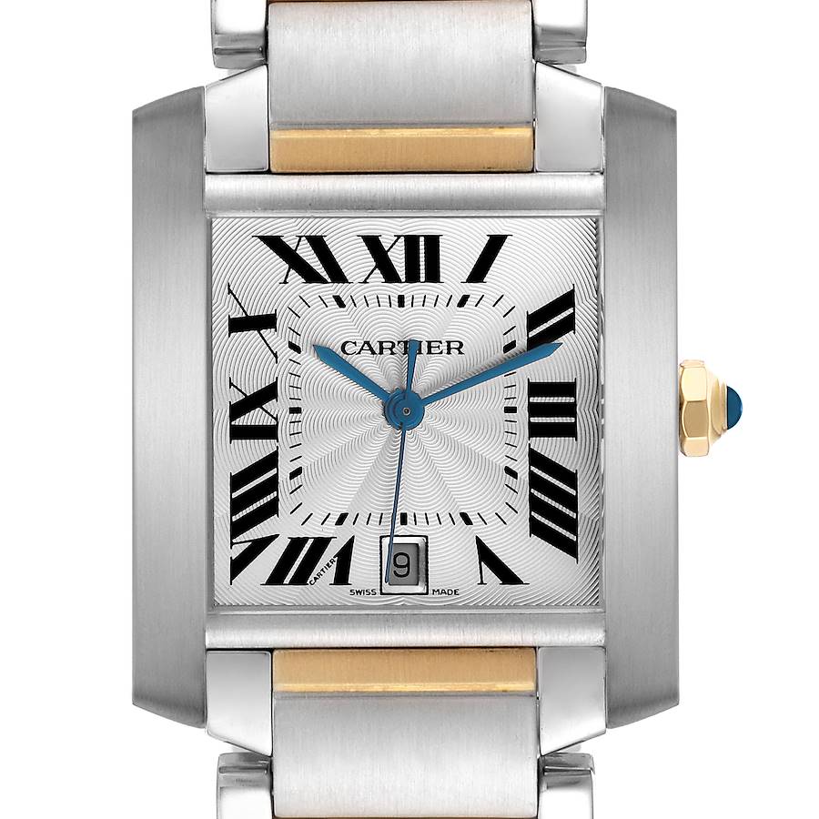 The Cartier Tank Francaise watch is shown from a front angle, highlighting the face, crown, and part of the bracelet.