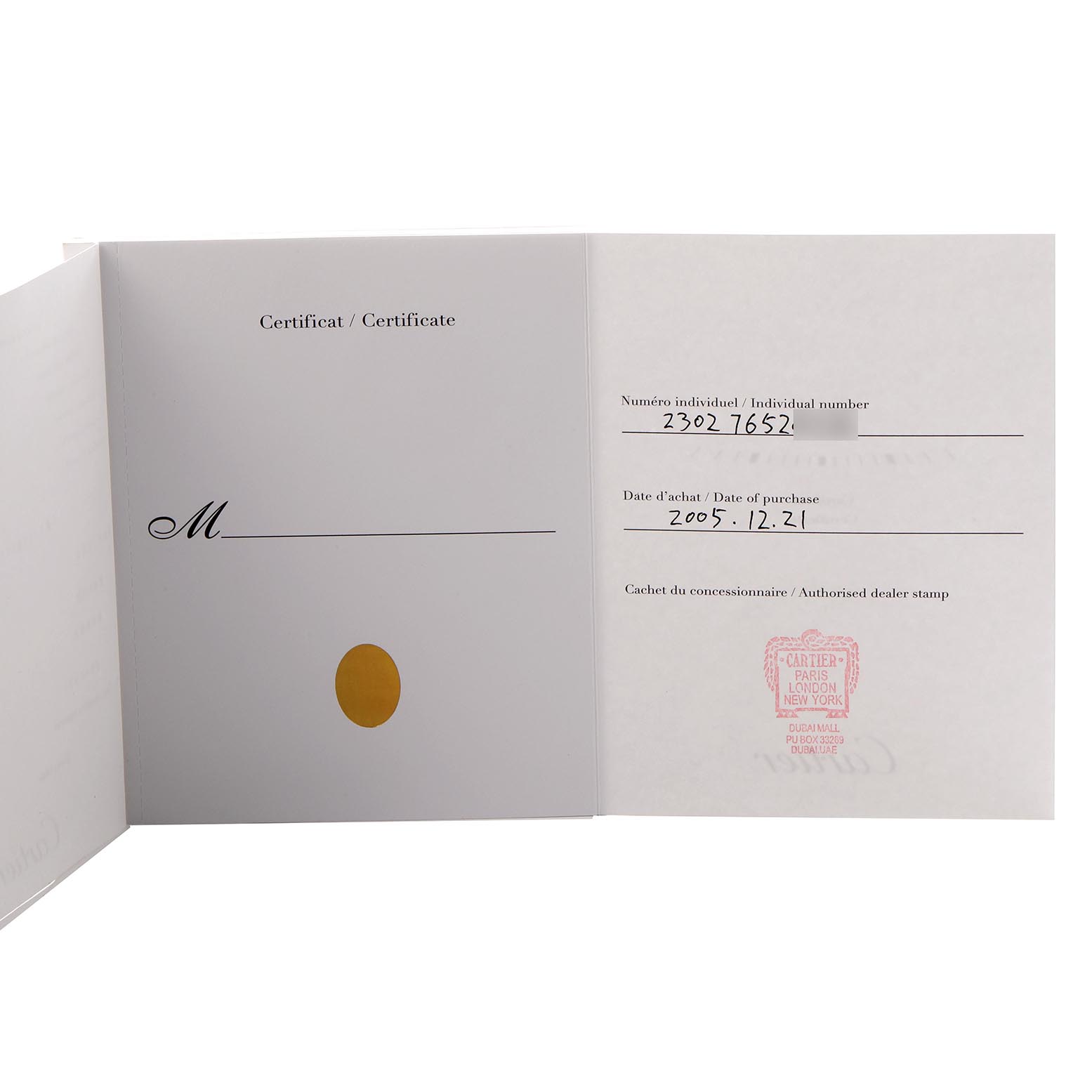 The image shows an open certificate for the Cartier Tank Française watch, detailing individual number and purchase date.