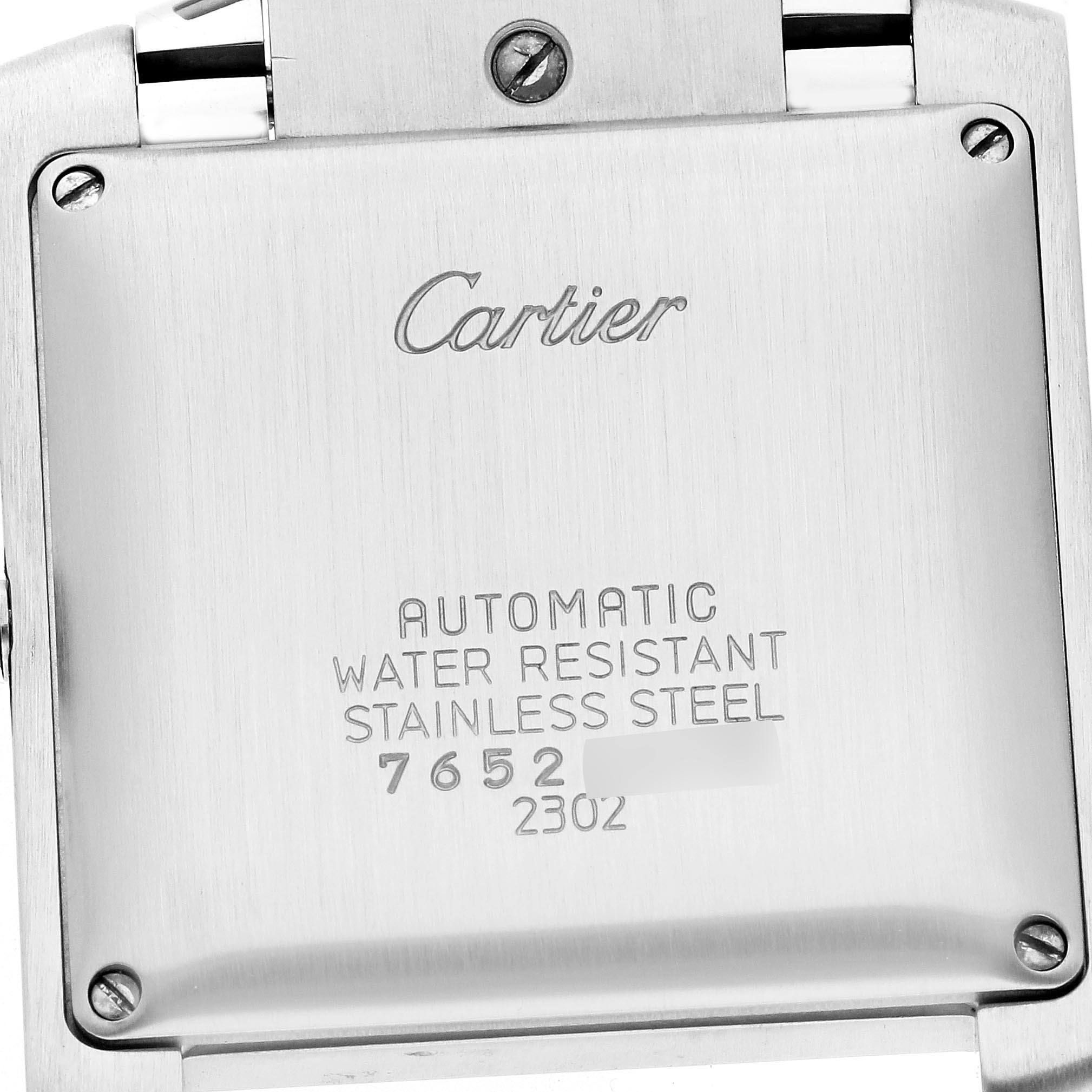 The image shows the back case of a Cartier Tank Française watch, highlighting the branding and material details.