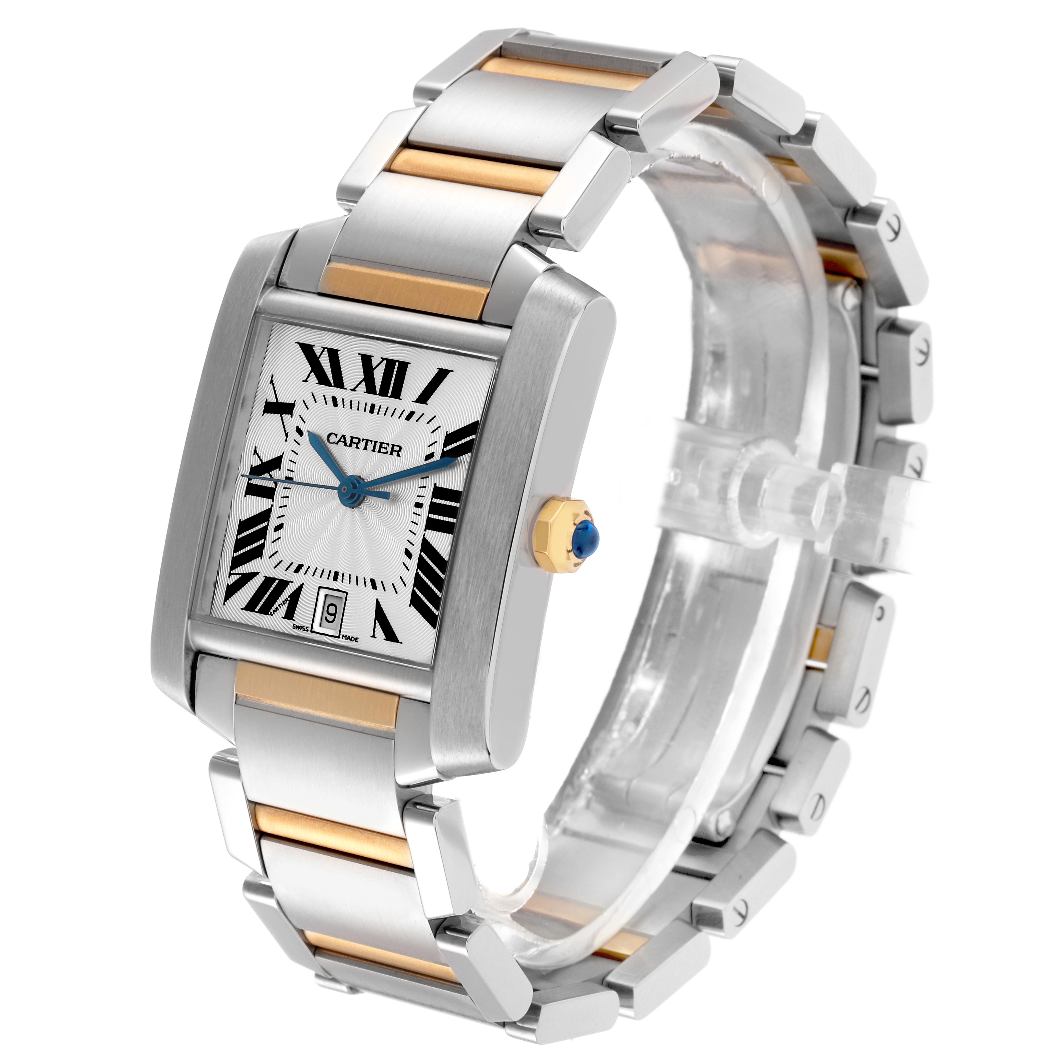 The Cartier Tank Française watch is shown at a three-quarter angle, highlighting its dial, bracelet, and crown.