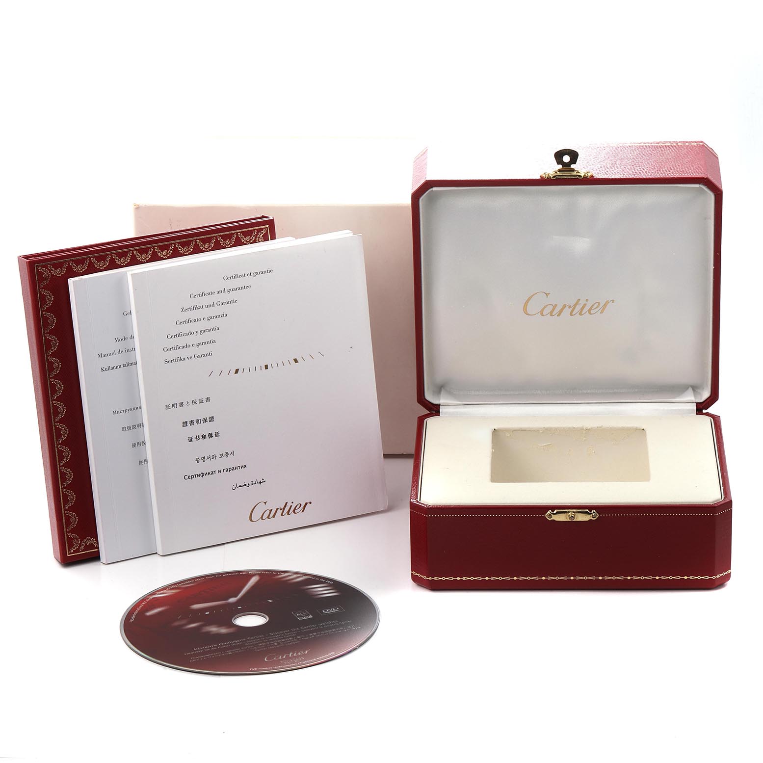 The image shows a Cartier Tank Francaise W51005Q4 Men
s Steel and Gold (two tone) Silver Dial W51005Q4 Men
s Steel and Gold (two tone) Silver Dial watch box, manuals, and a CD, highlighting its packaging and accessories.