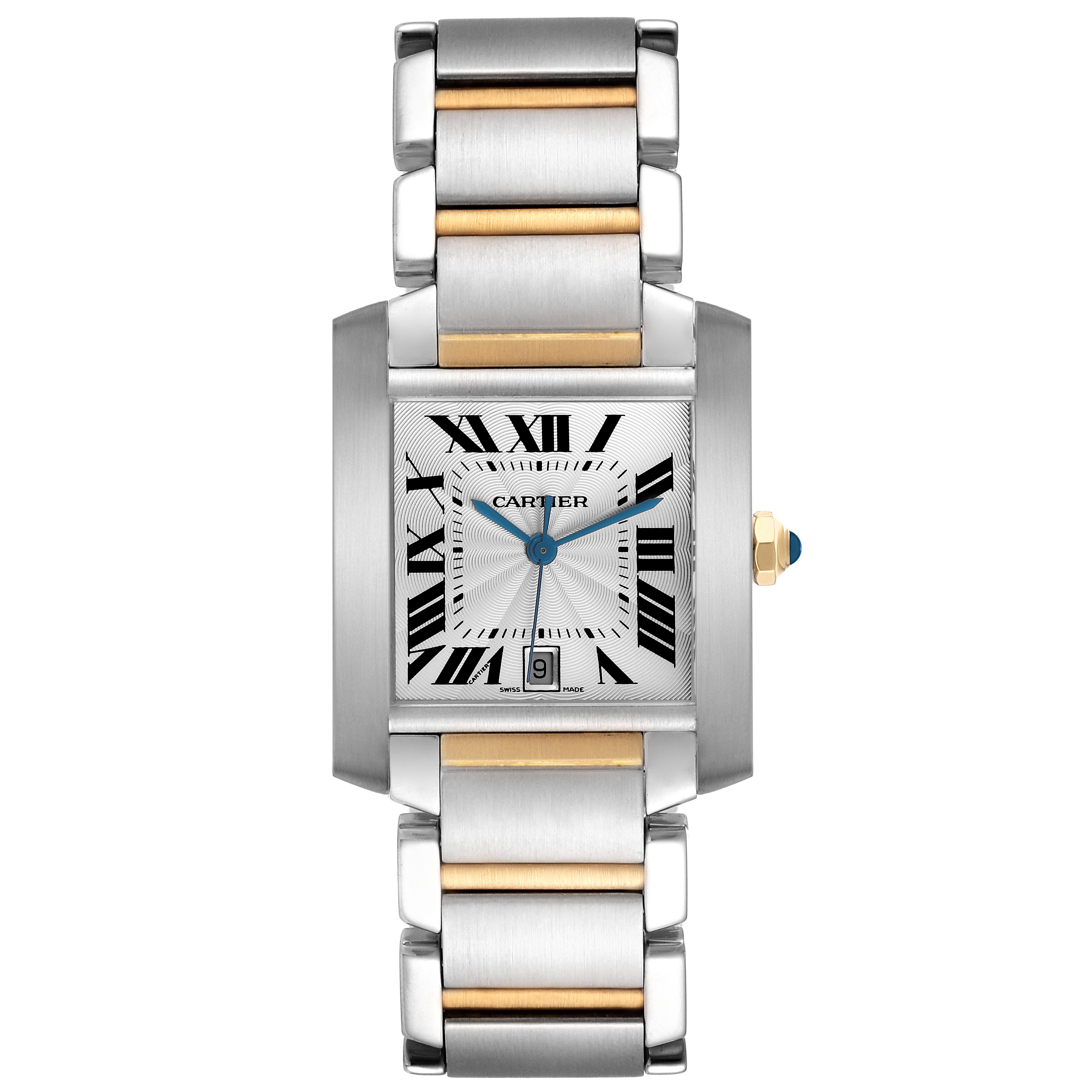 The Cartier Tank Française watch is shown from the front, featuring the dial, hands, bracelet, and crown.