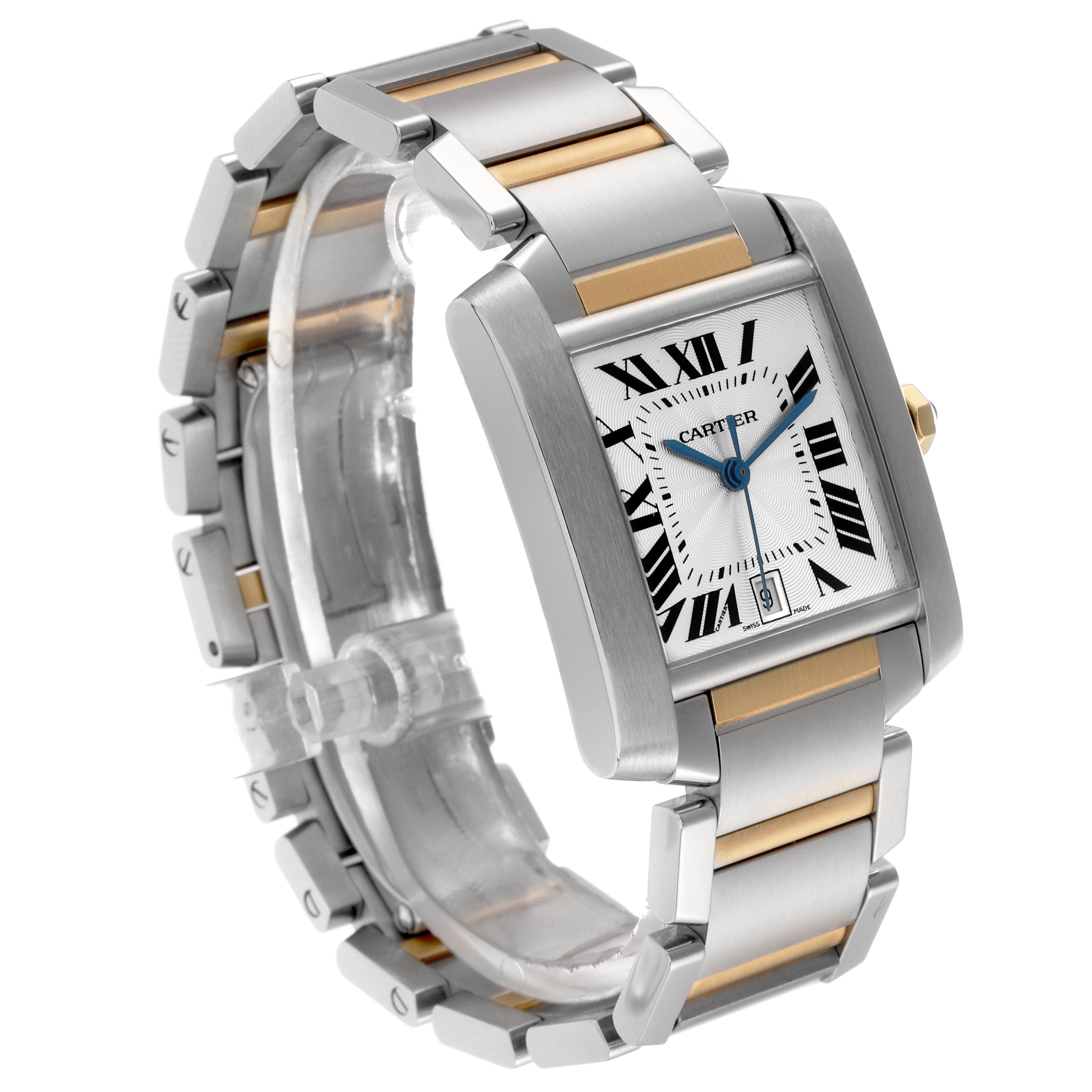 The Cartier Tank Française watch is shown at an angled view, highlighting its rectangular case, dial, and two-tone bracelet.