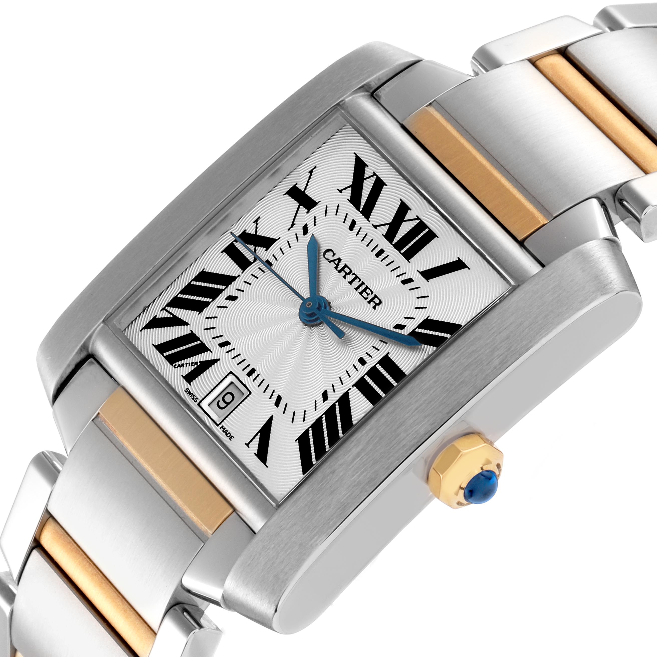 This Cartier Tank Française watch is shown at an angled close-up, featuring its rectangular face, Roman numerals, blue hands, and two-tone bracelet.
