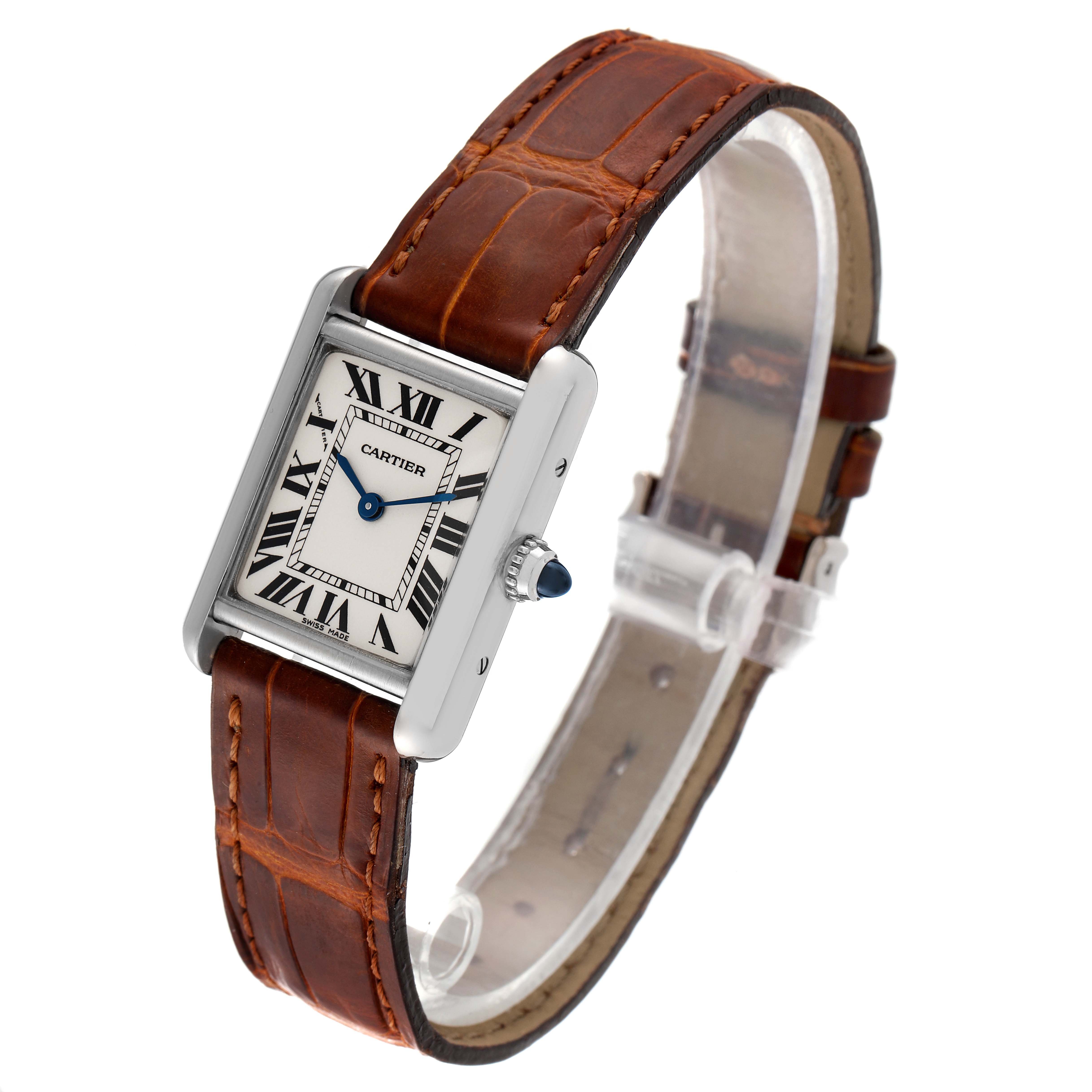 The image shows a Cartier Tank Louis W1541056 Women
s White Gold Silver Dial W1541056 Women
s White Gold Silver Dial model watch at a slight angle, highlighting its rectangular dial and brown leather strap.