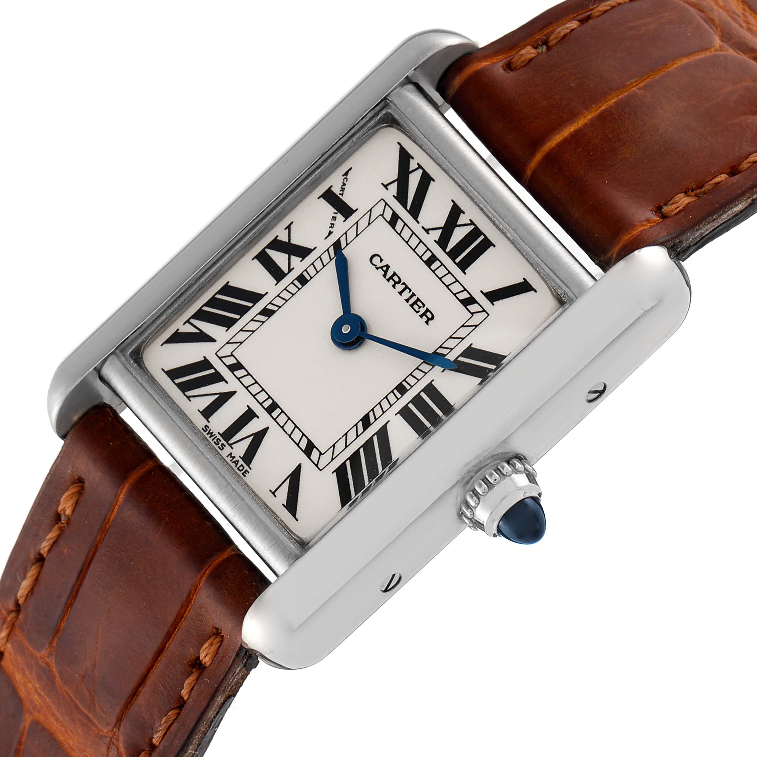 The image shows a Tank Louis watch by Cartier at an oblique angle, featuring its rectangular face, Roman numerals, and brown leather strap.