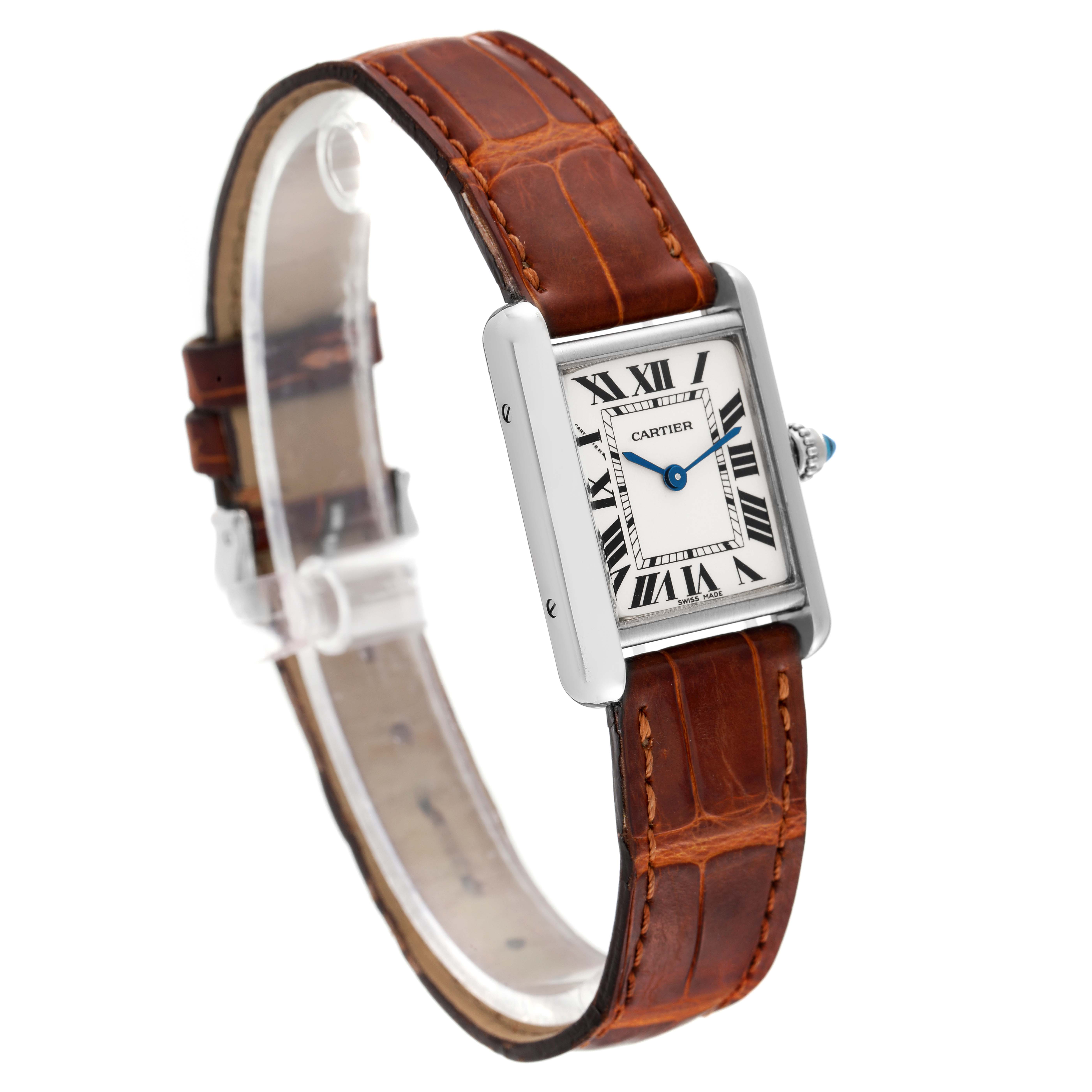The image shows a diagonal front view of the Cartier Tank Louis W1541056 Women
s White Gold Silver Dial W1541056 Women
s White Gold Silver Dial model, highlighting its dial, leather strap, and crown.