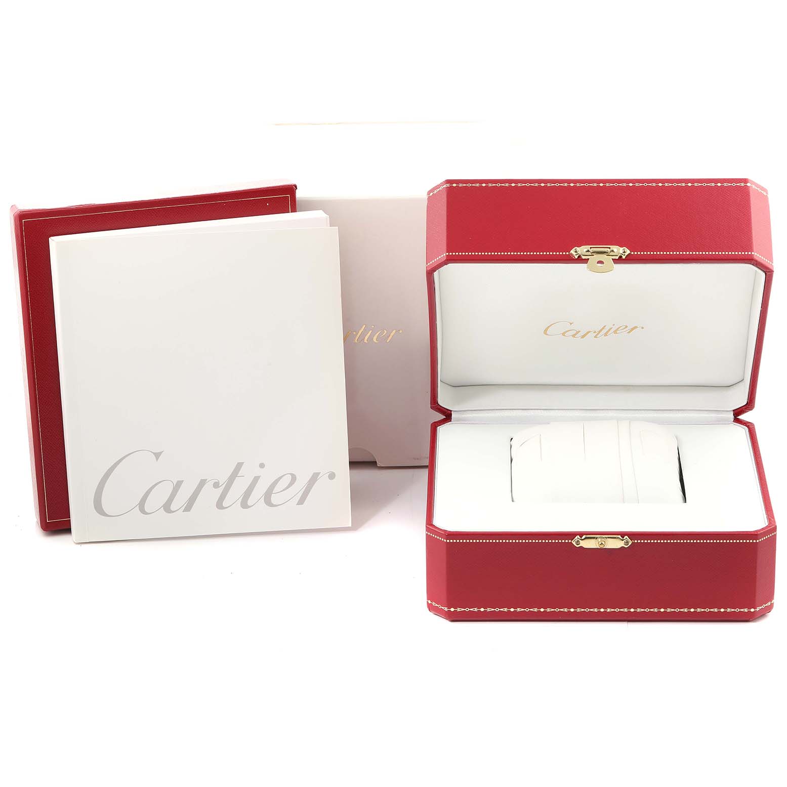 The image shows the packaging of a Cartier Tank Louis W1541056 Women
s White Gold Silver Dial W1541056 Women
s White Gold Silver Dial watch, including a red presentation box, paperwork, and outer box.
