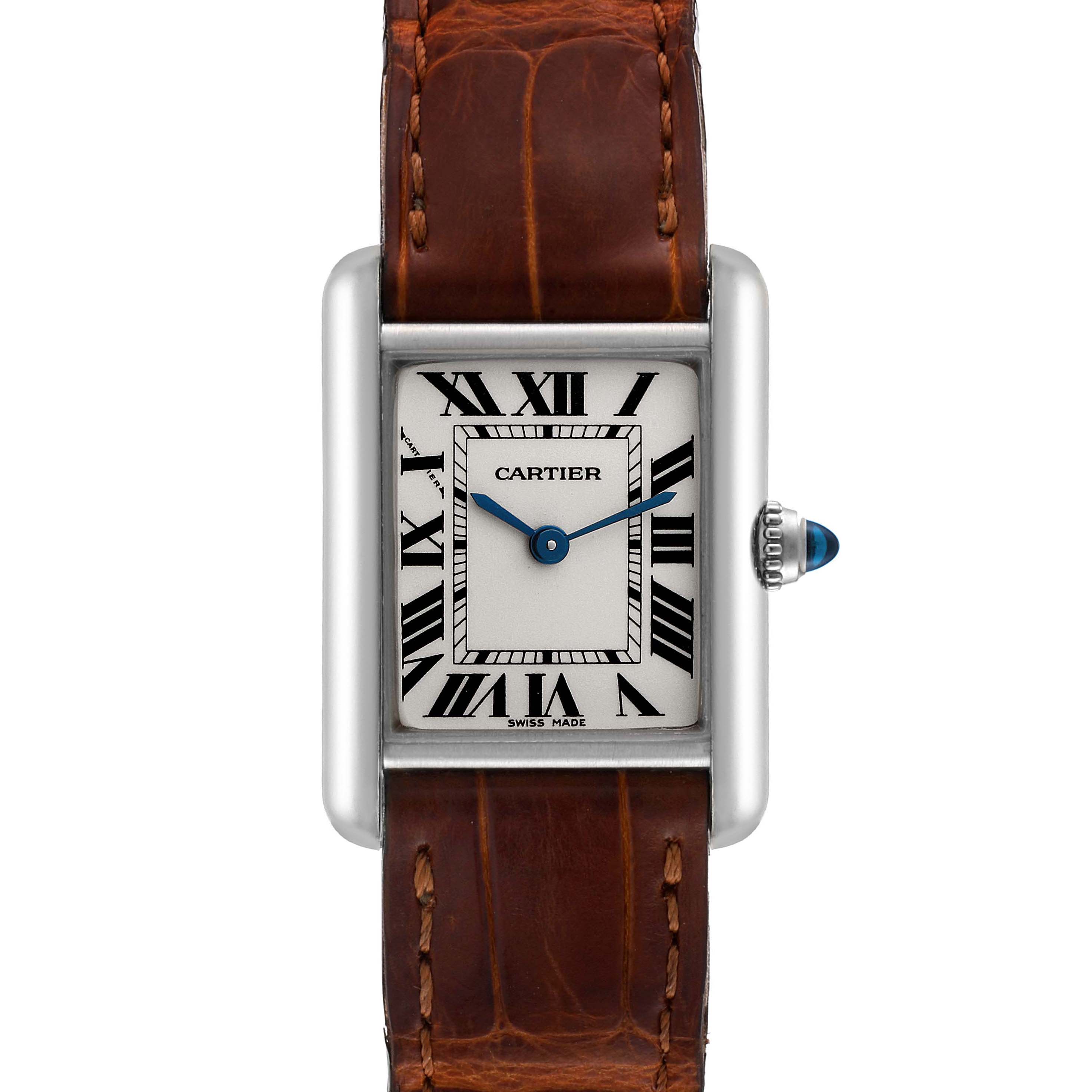 The image shows a front view of a Cartier Tank Louis W1541056 Women
s White Gold Silver Dial W1541056 Women
s White Gold Silver Dial watch with a brown leather strap and silver rectangular case.