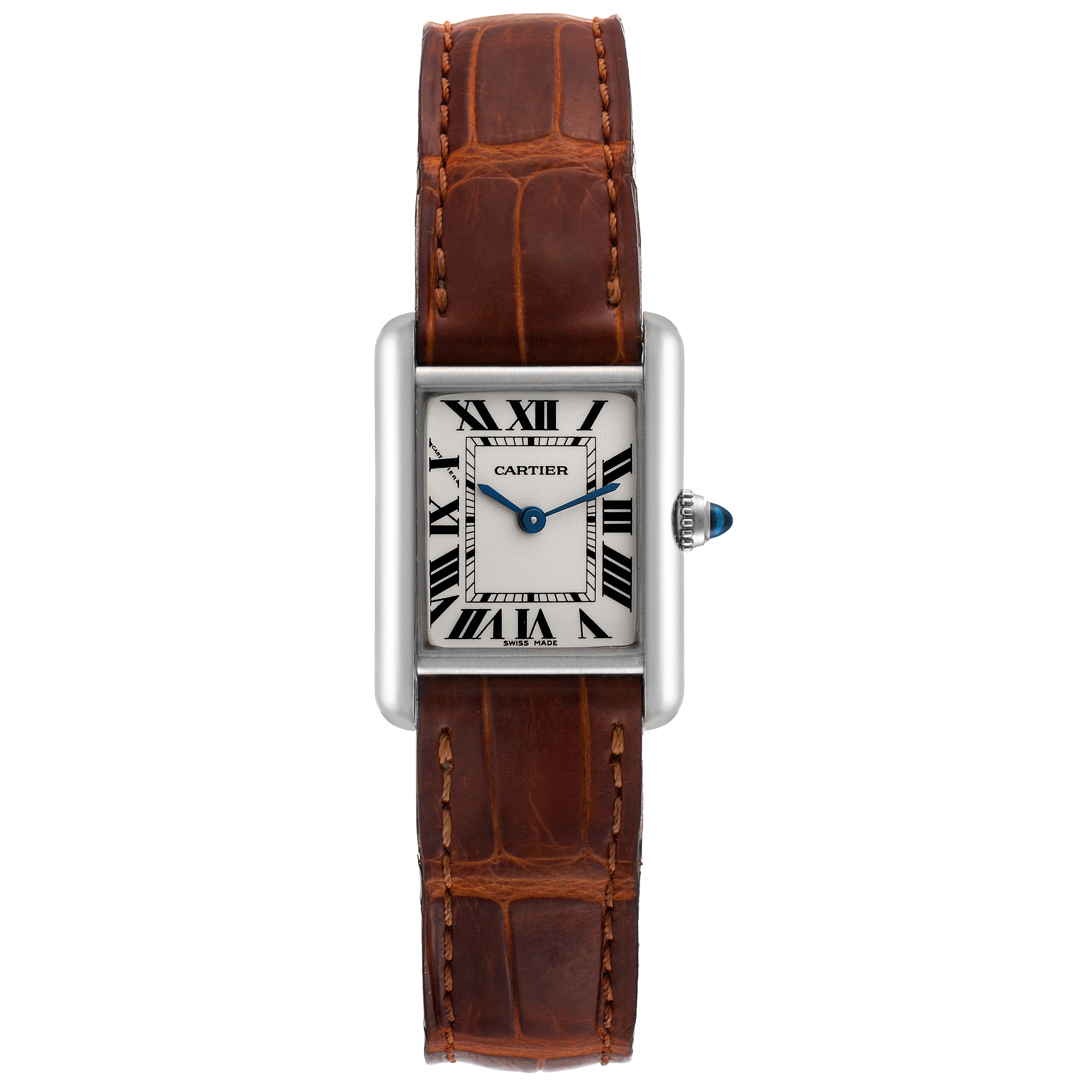 The image shows a front view of a Cartier Tank Louis W1541056 Women
s White Gold Silver Dial W1541056 Women
s White Gold Silver Dial watch with a brown leather strap and a rectangular face.
