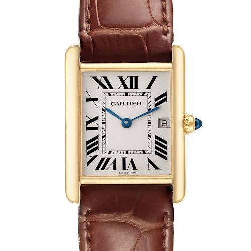 The Cartier Tank Louis watch is shown from a frontal angle, displaying its rectangular face, Roman numerals, blue hands, crown, and leather strap.