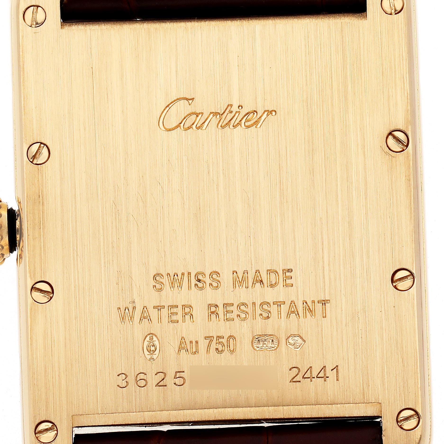 The image shows the back case of a Tank Louis Cartier watch, highlighting its screws and engravings.