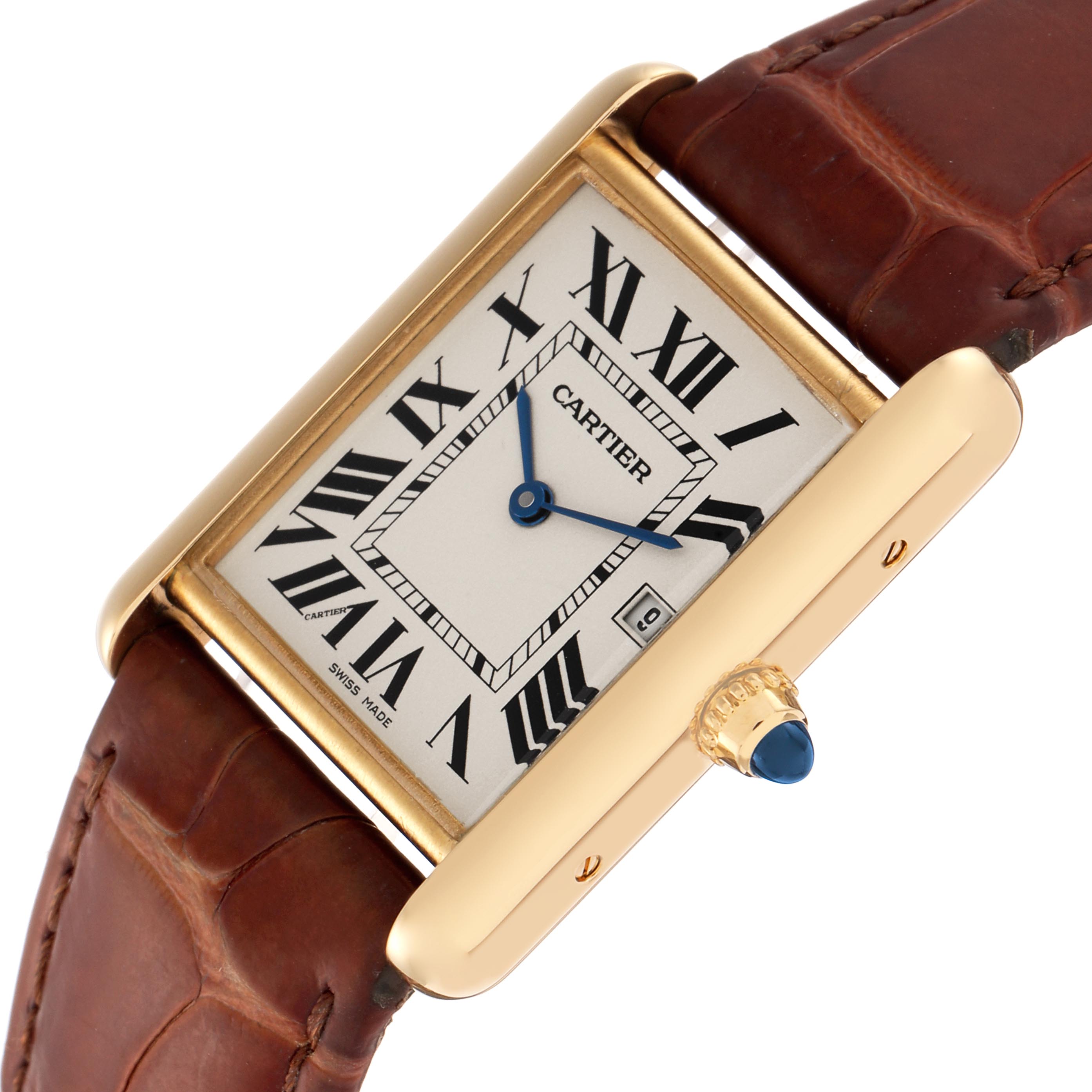 The image shows a Cartier Tank Louis W1529756 Men
s Yellow Gold Silver Dial W1529756 Men
s Yellow Gold Silver Dial watch angled to display the rectangular face, Roman numerals, blue hands, and the sapphire crown.