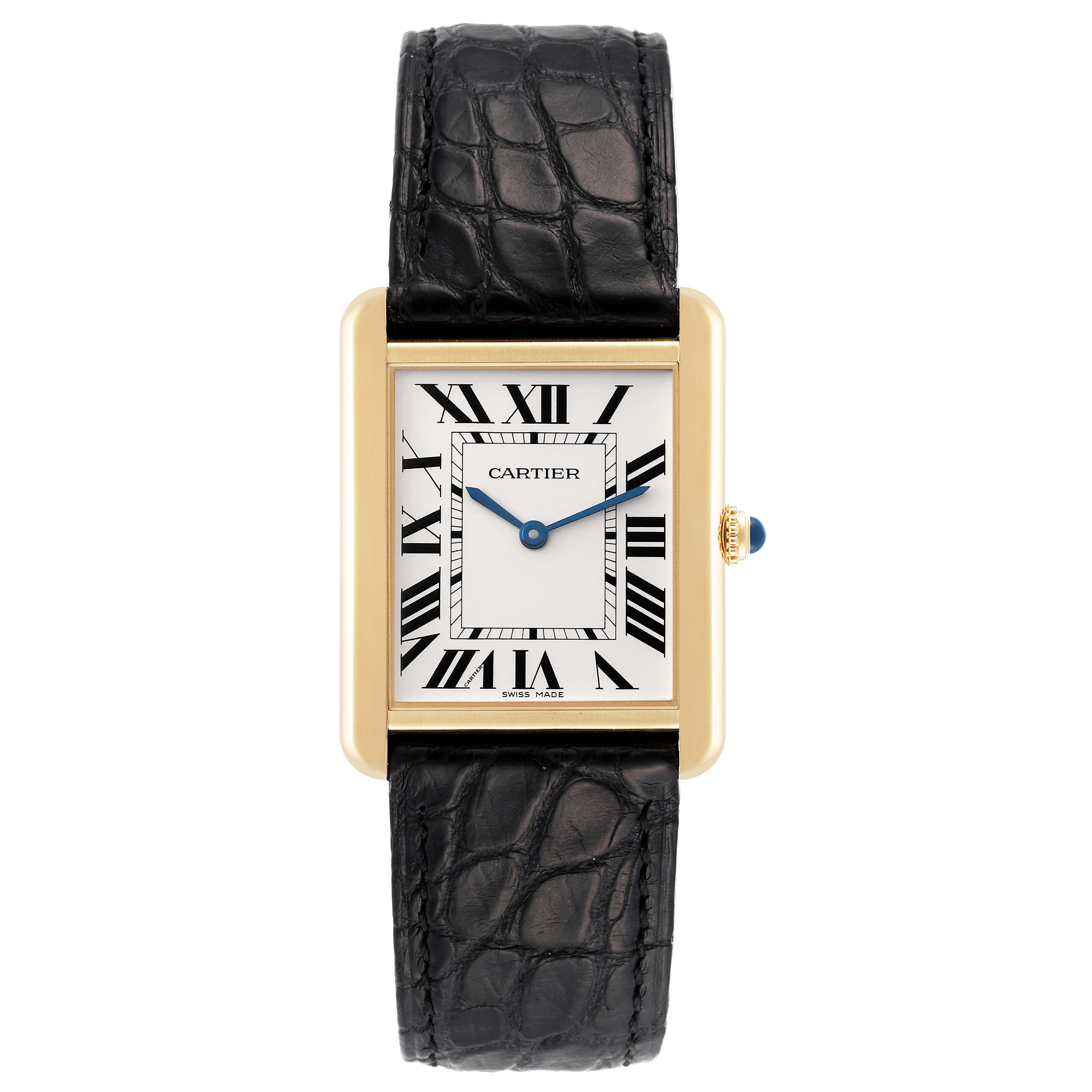 The image shows a Cartier Tank Solo W5200004 Men's Yellow Gold Silver Dial W5200004 Men's Yellow Gold Silver Dial watch with a gold case, white dial, and black leather strap from a front view.