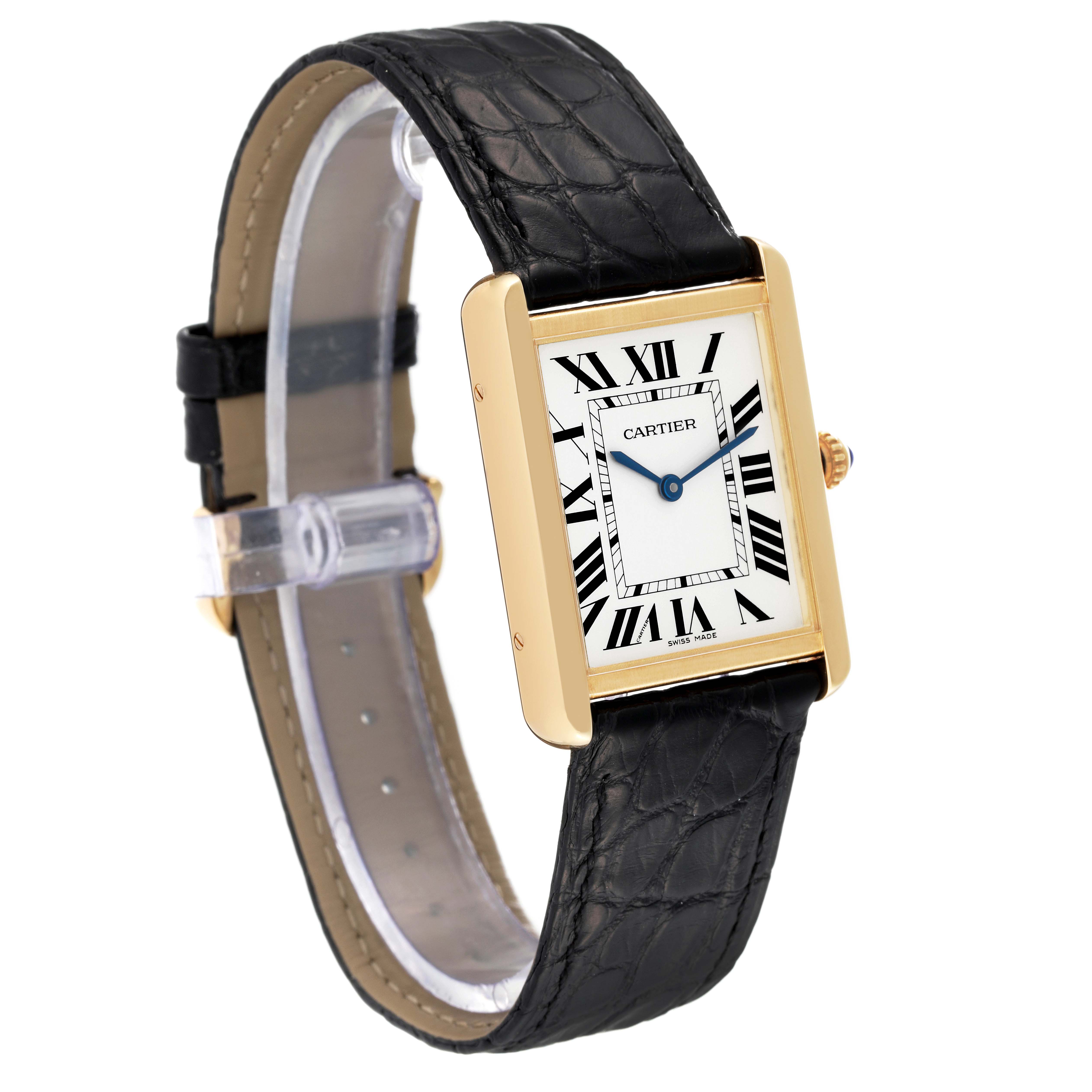 The image shows a Cartier Tank Solo W5200004 Men's Yellow Gold Silver Dial W5200004 Men's Yellow Gold Silver Dial model watch angled to display the face, strap, and case.