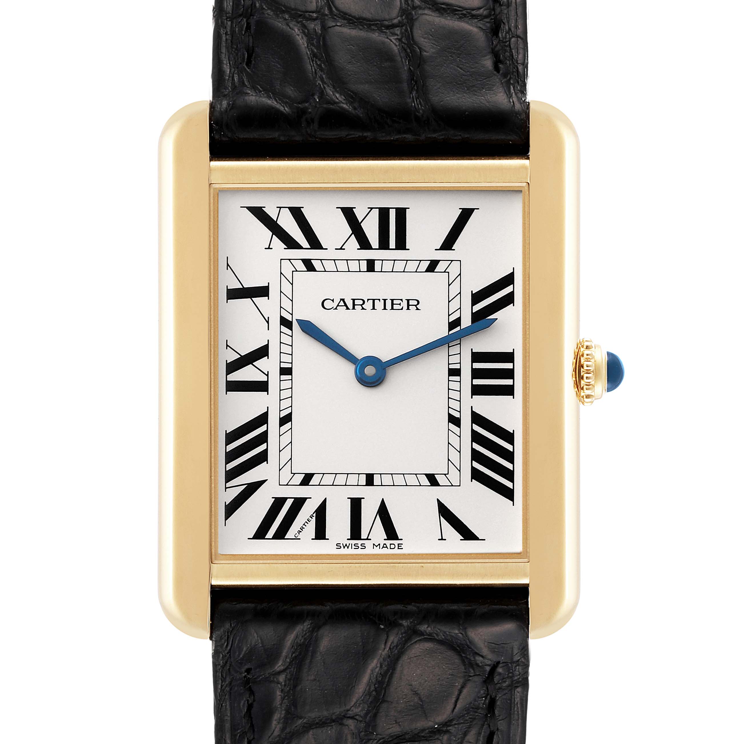 The Cartier Tank Solo W5200004 Men's Yellow Gold Silver Dial W5200004 Men's Yellow Gold Silver Dial watch is shown from a top-down angle, highlighting the face, bezel, crown, and part of the strap.