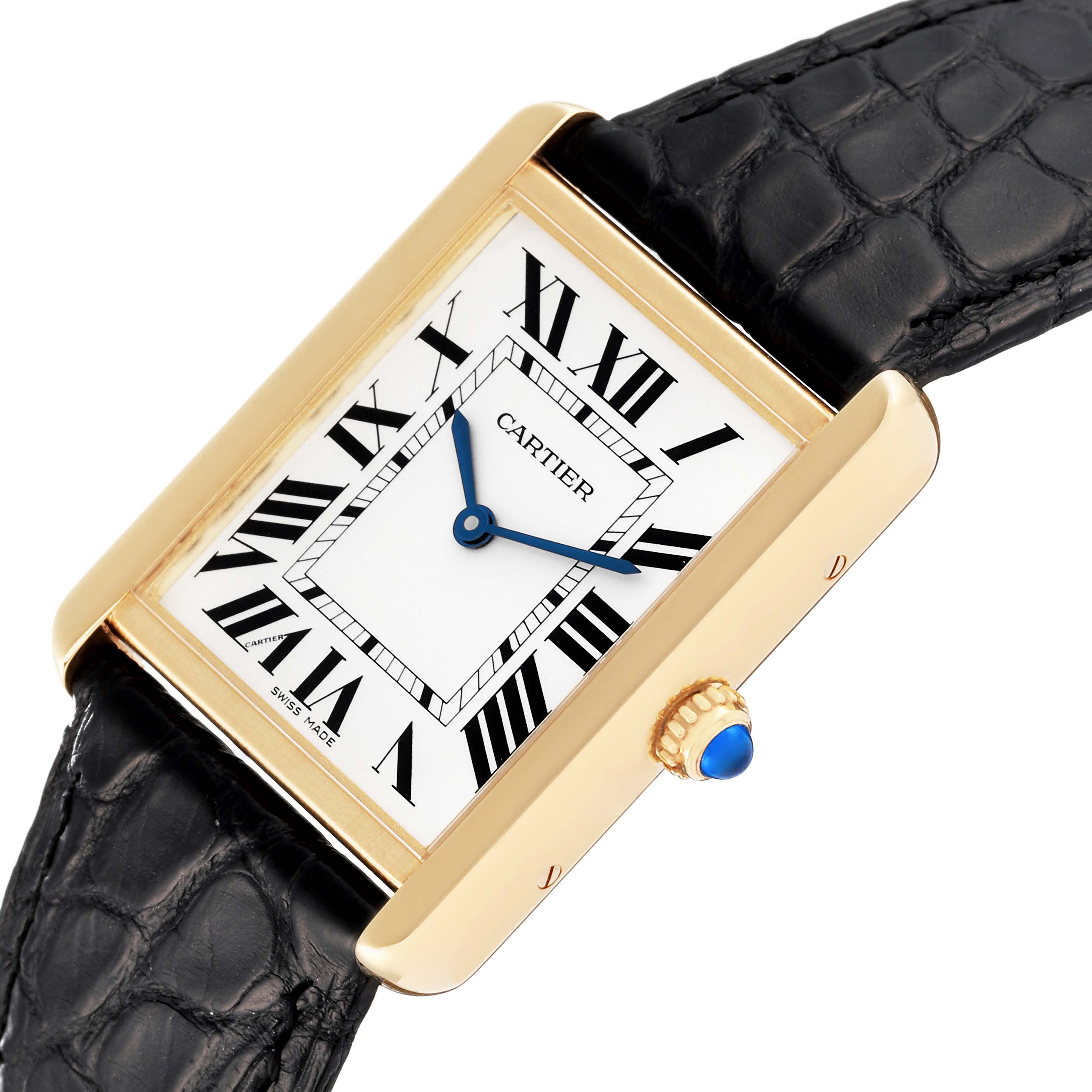 The image shows a close-up angled view of the Cartier Tank Solo W5200004 Men's Yellow Gold Silver Dial W5200004 Men's Yellow Gold Silver Dial watch, highlighting the face, Roman numeral dial, and black leather strap.