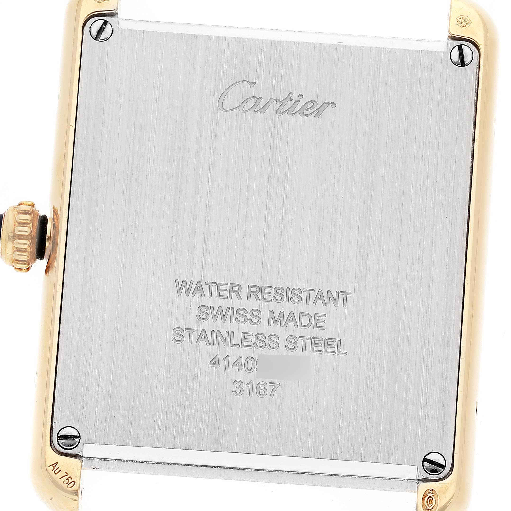 This is the back case of a Cartier Tank Solo W5200004 Men's Yellow Gold Silver Dial W5200004 Men's Yellow Gold Silver Dial watch, showing its water resistance, materials, and serial number.