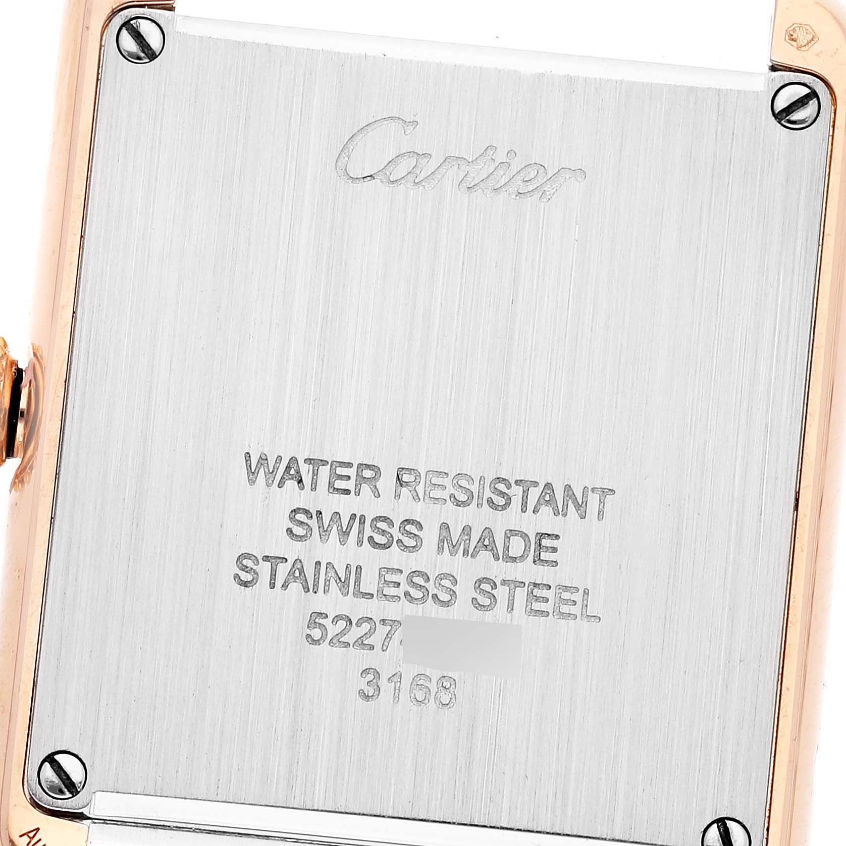 The image shows the back case of a Cartier Tank Solo W5200024 Women's Rose Gold Silver Dial W5200024 Women's Rose Gold Silver Dial watch, displaying its water resistance and material details.