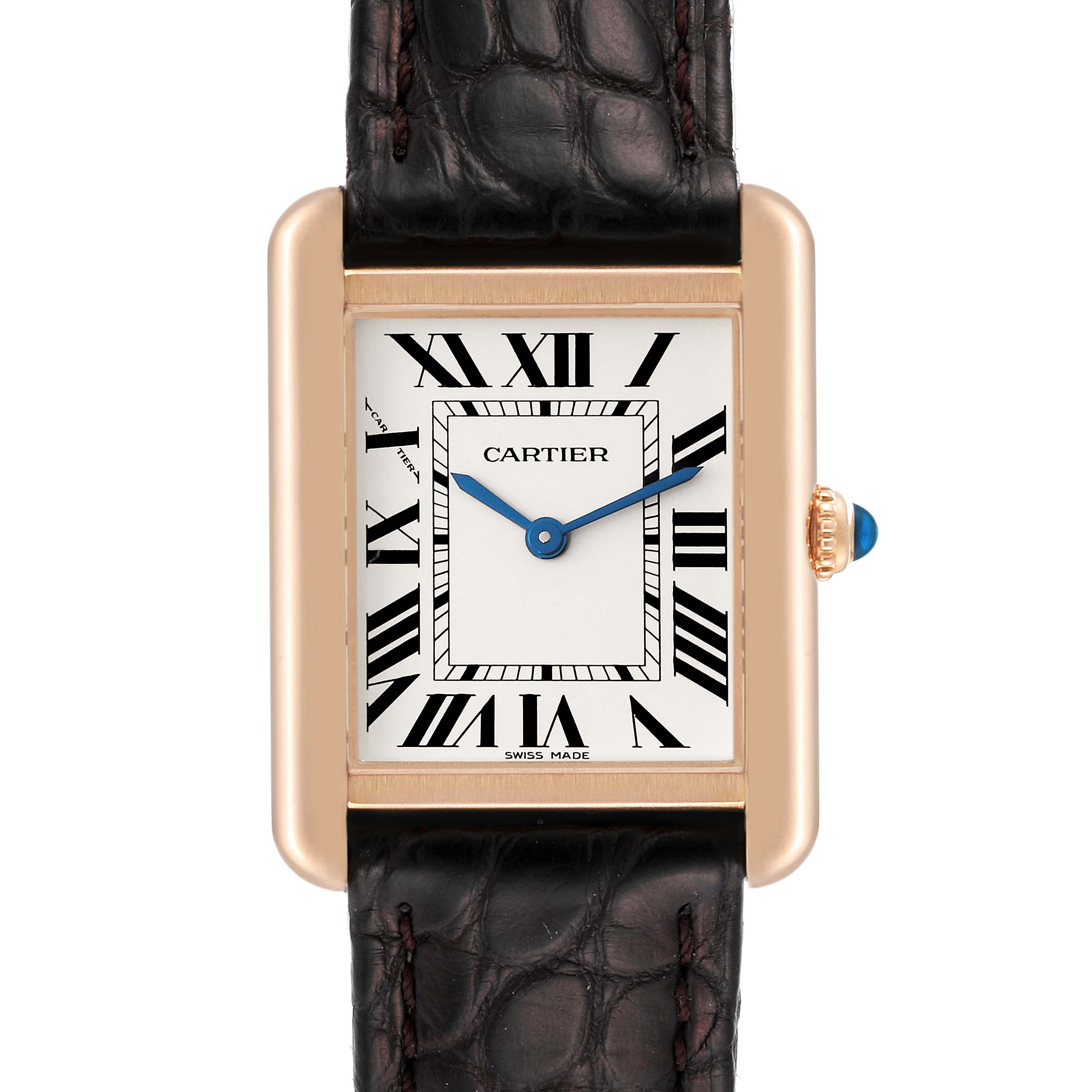 The Cartier Tank Solo W5200024 Women's Rose Gold Silver Dial W5200024 Women's Rose Gold Silver Dial watch is shown in a front view, highlighting its rectangular dial, Roman numerals, and leather strap.