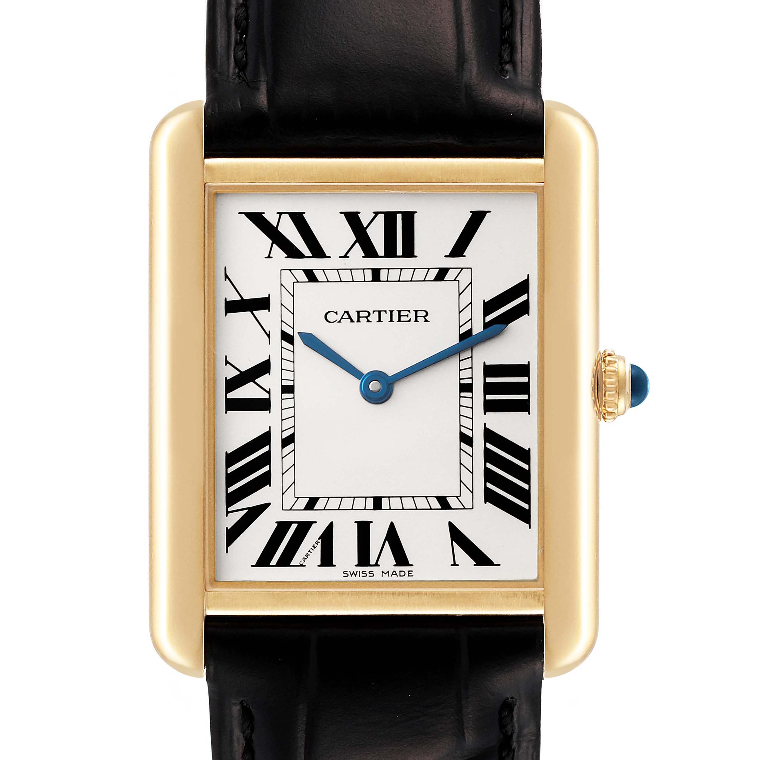 The image shows a front view of a Cartier Tank Solo W1018855 Men's Yellow Gold Silver Dial W1018855 Men's Yellow Gold Silver Dial watch with a gold casing, Roman numerals, blue hands, and a black leather strap.