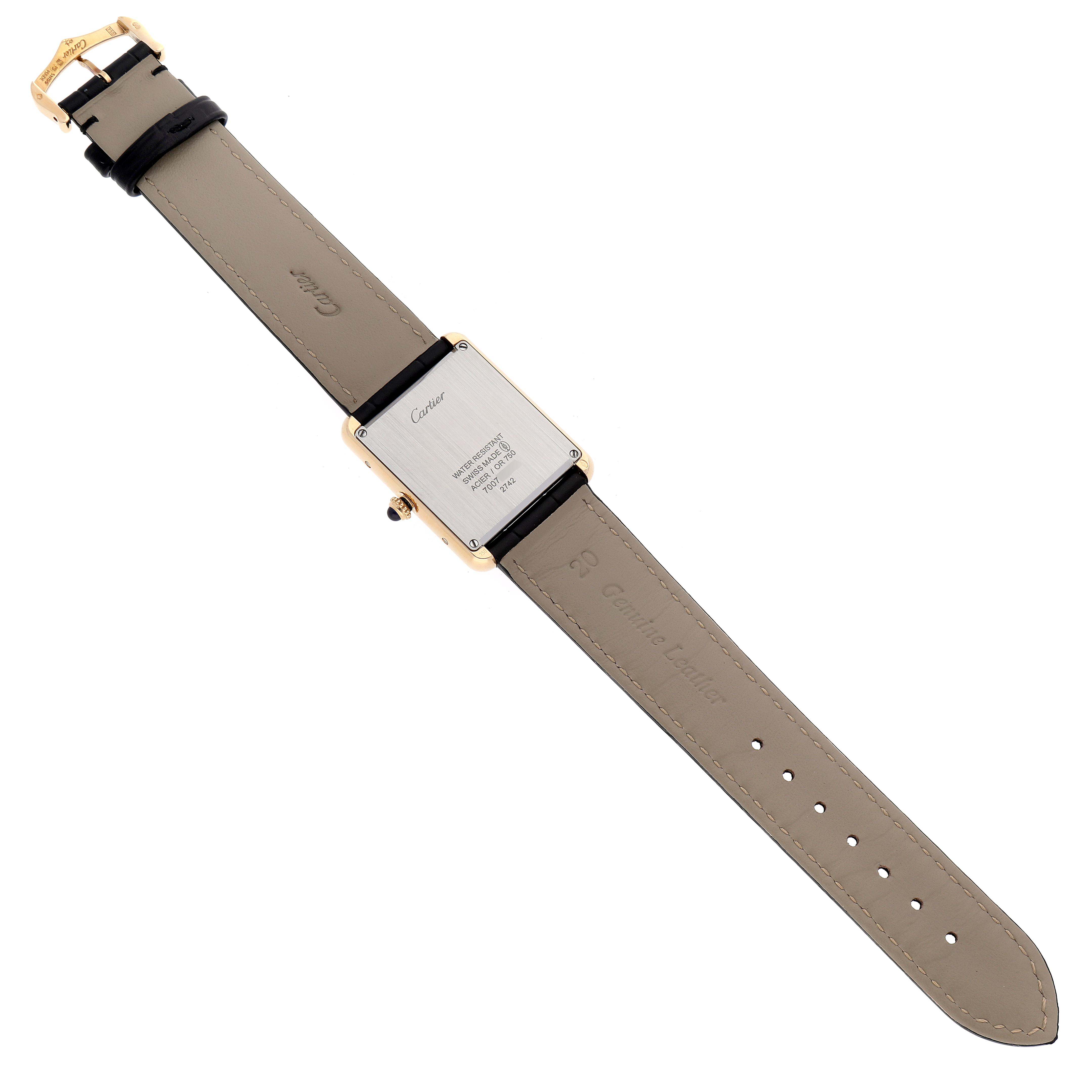 The image shows the back view of the Cartier Tank Solo W1018855 Men's Yellow Gold Silver Dial W1018855 Men's Yellow Gold Silver Dial watch, featuring the strap and case back.