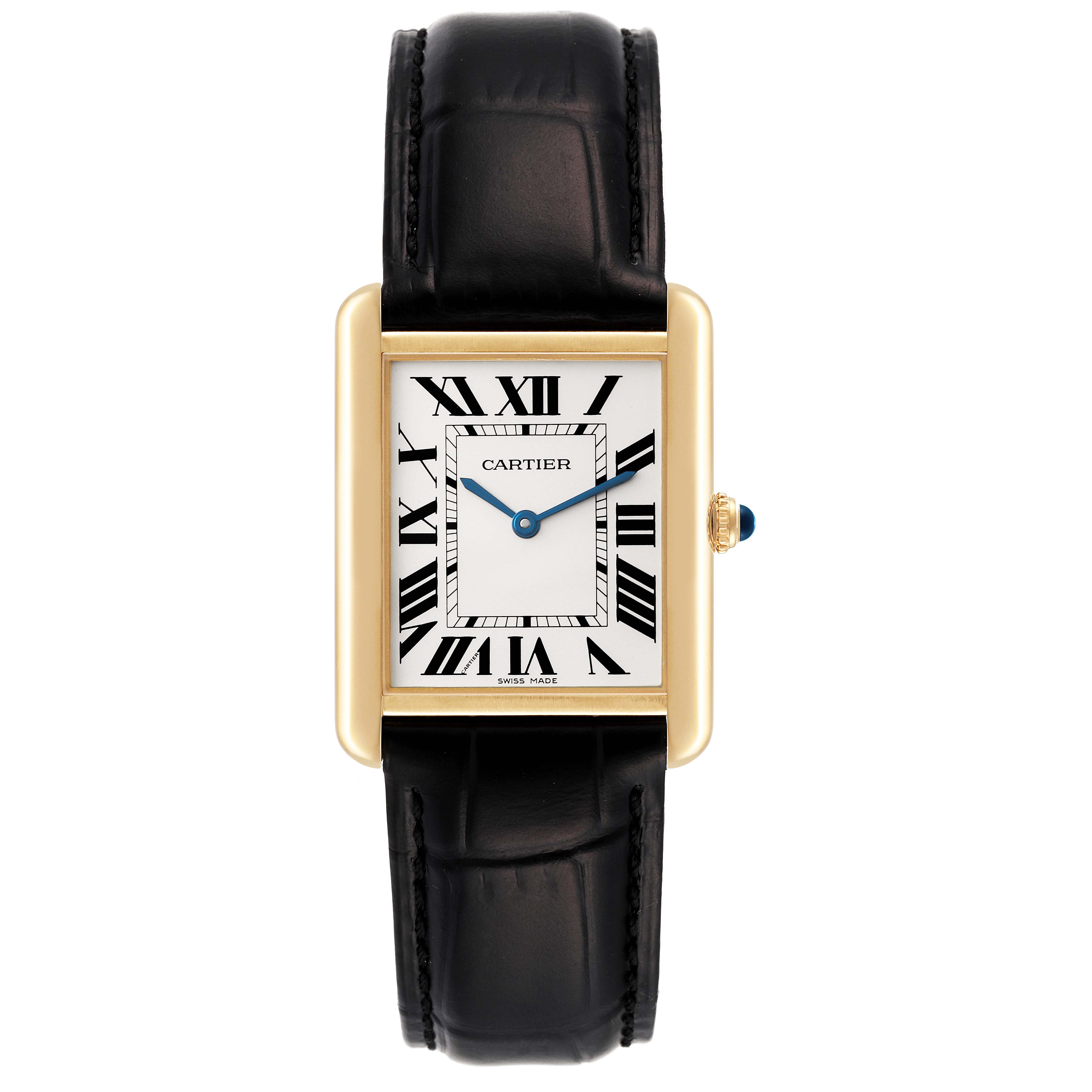 This is a front view of the Cartier Tank Solo W1018855 Men's Yellow Gold Silver Dial W1018855 Men's Yellow Gold Silver Dial watch, showing the face, case, and strap.