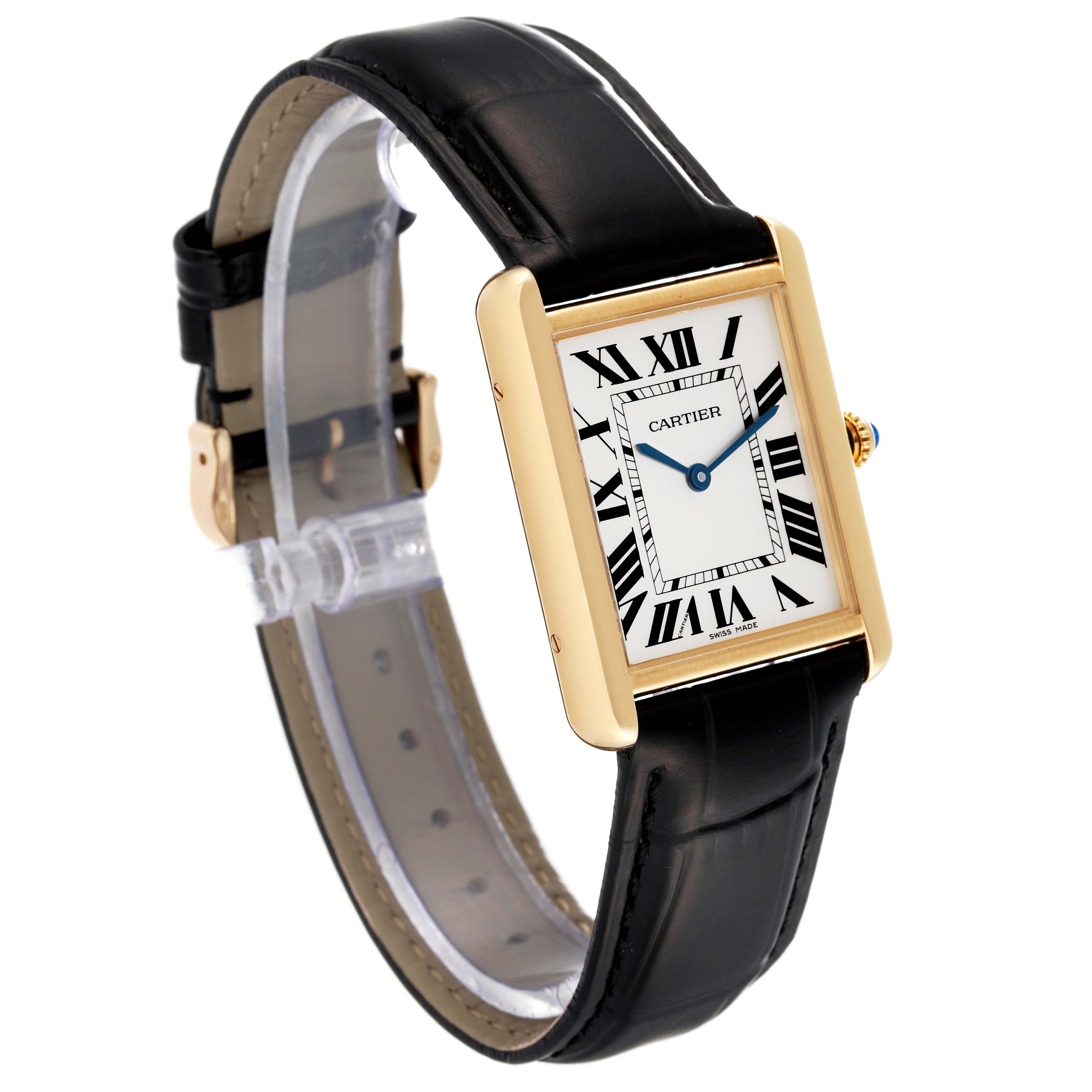 The image shows a Cartier Tank Solo W1018855 Men's Yellow Gold Silver Dial W1018855 Men's Yellow Gold Silver Dial watch at a slight side angle, displaying the watch face, crown, and leather strap.