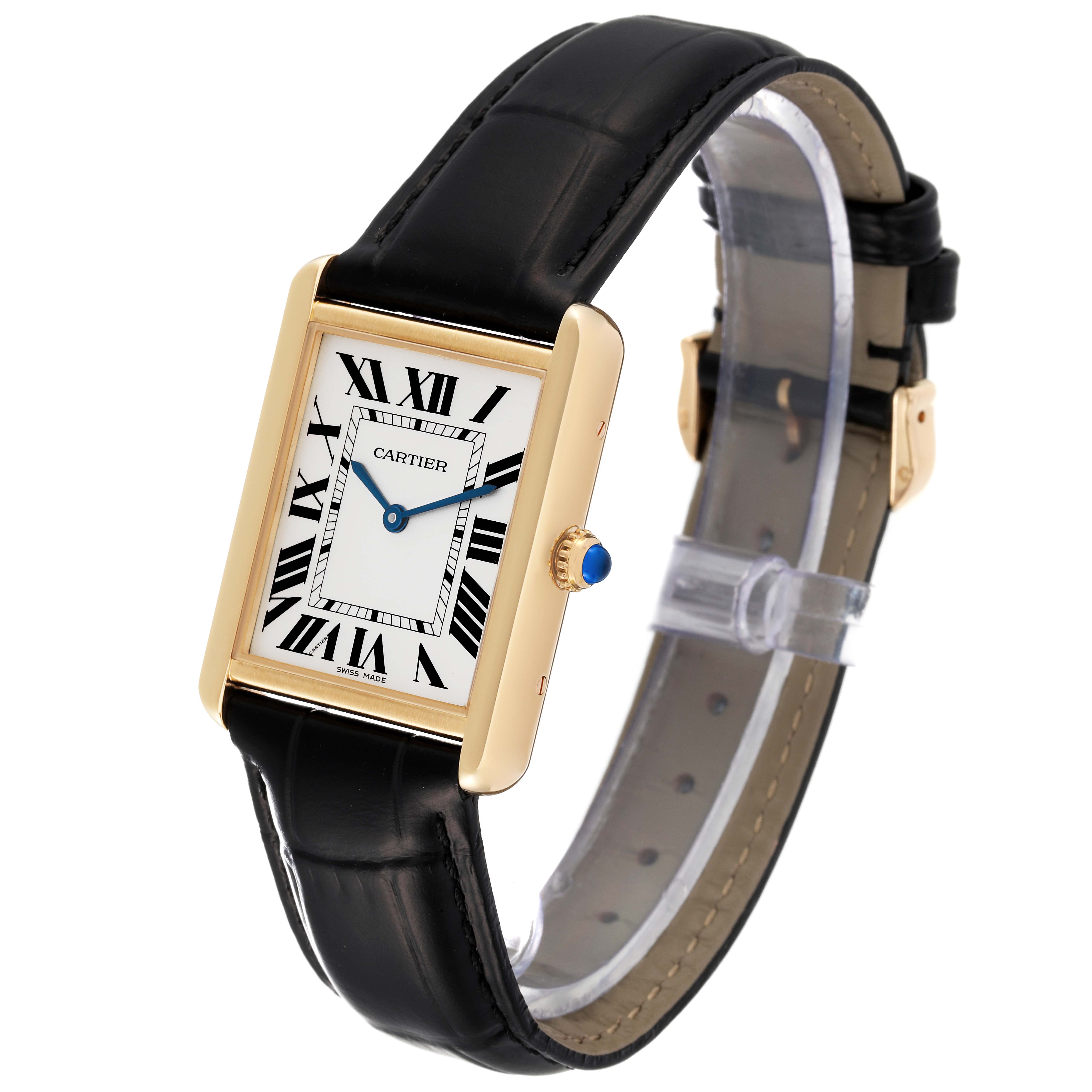 The Cartier Tank Solo W1018855 Men's Yellow Gold Silver Dial W1018855 Men's Yellow Gold Silver Dial watch is shown at a slight angle, displaying its rectangular face, Roman numerals, and black leather strap.