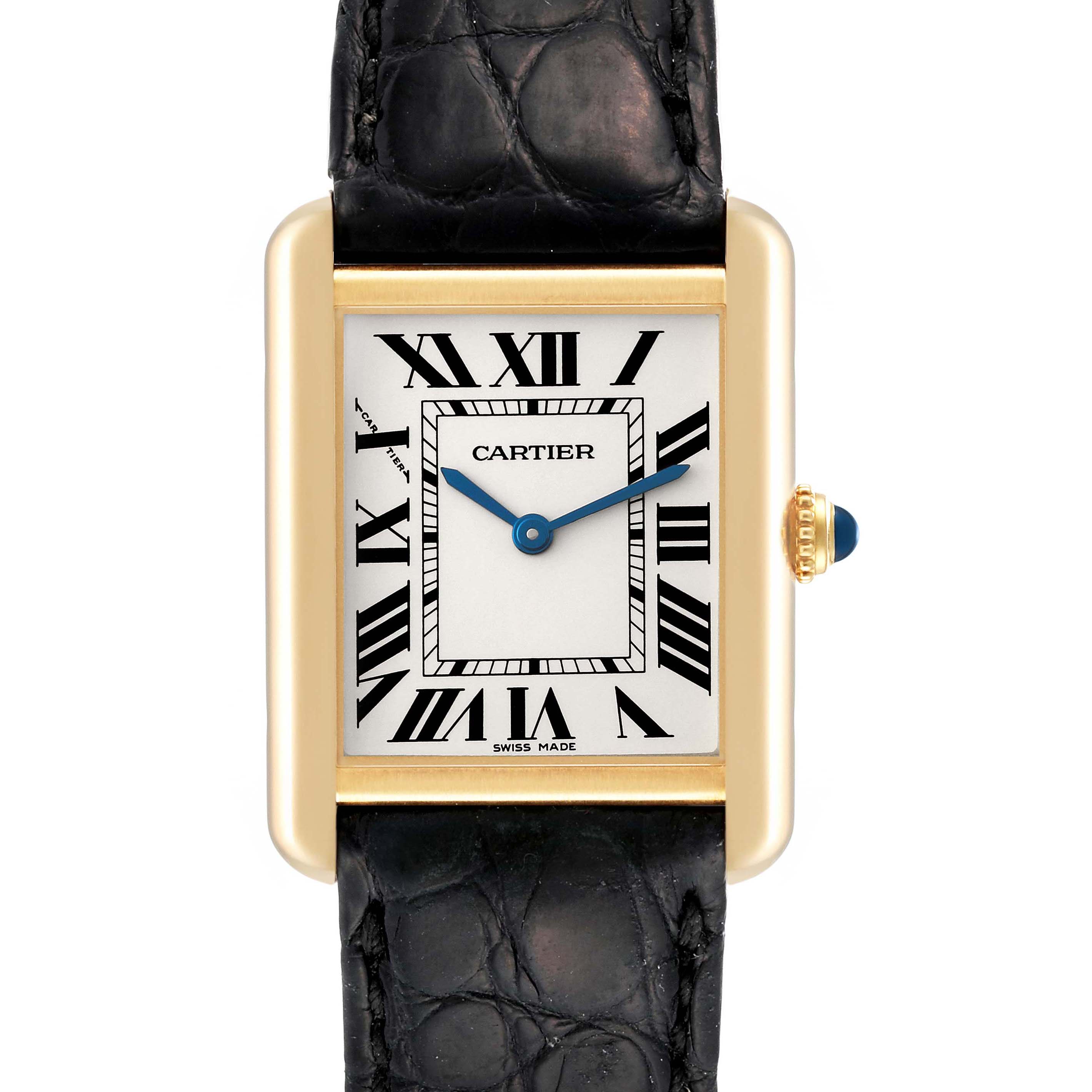 This is a front view of the Cartier Tank Solo W5200002 Women's Yellow Gold Silver Dial W5200002 Women's Yellow Gold Silver Dial watch, showing the face, bezel, crown, and part of the strap.