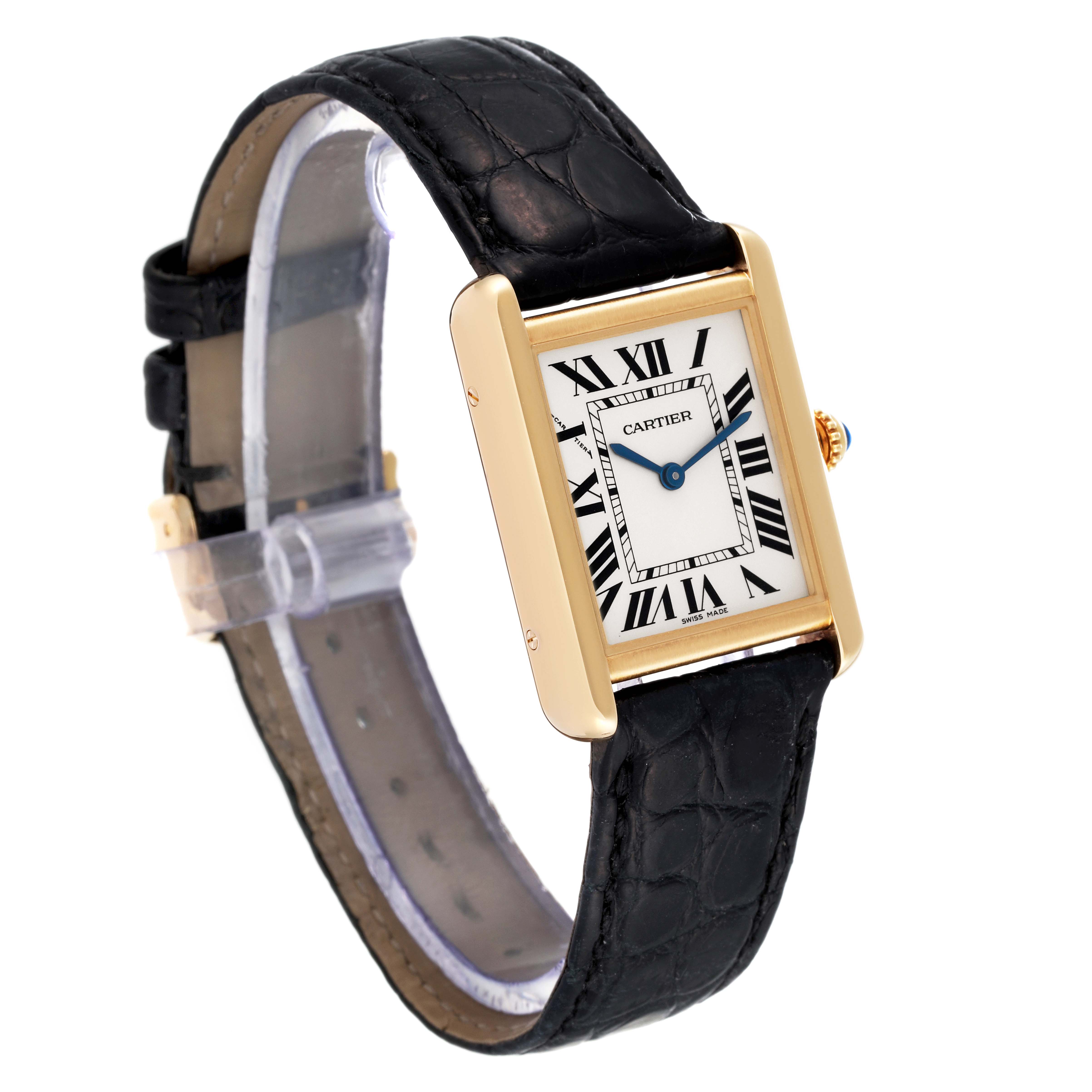 The image shows a Cartier Tank Solo W5200002 Women's Yellow Gold Silver Dial W5200002 Women's Yellow Gold Silver Dial watch at an angled side view, highlighting its face, Roman numeral dial, case, and black leather strap.