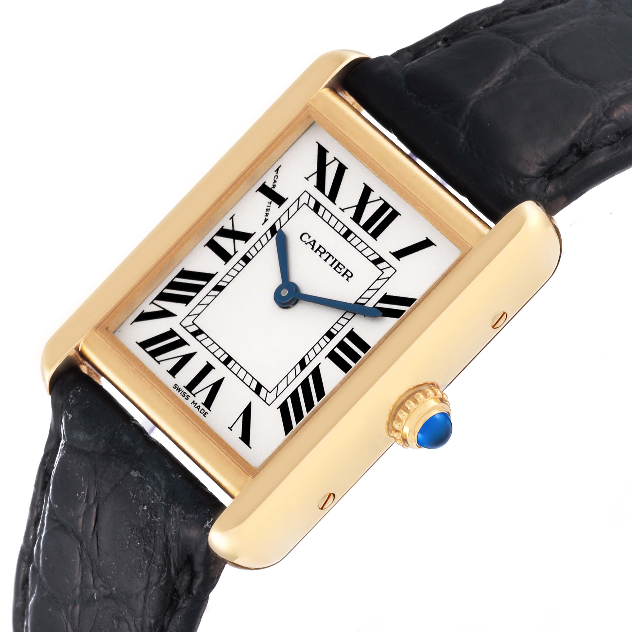 The Cartier Tank Solo W5200002 Women's Yellow Gold Silver Dial W5200002 Women's Yellow Gold Silver Dial watch is shown at an angled close-up with a clear view of the face, bezel, strap, and crown.