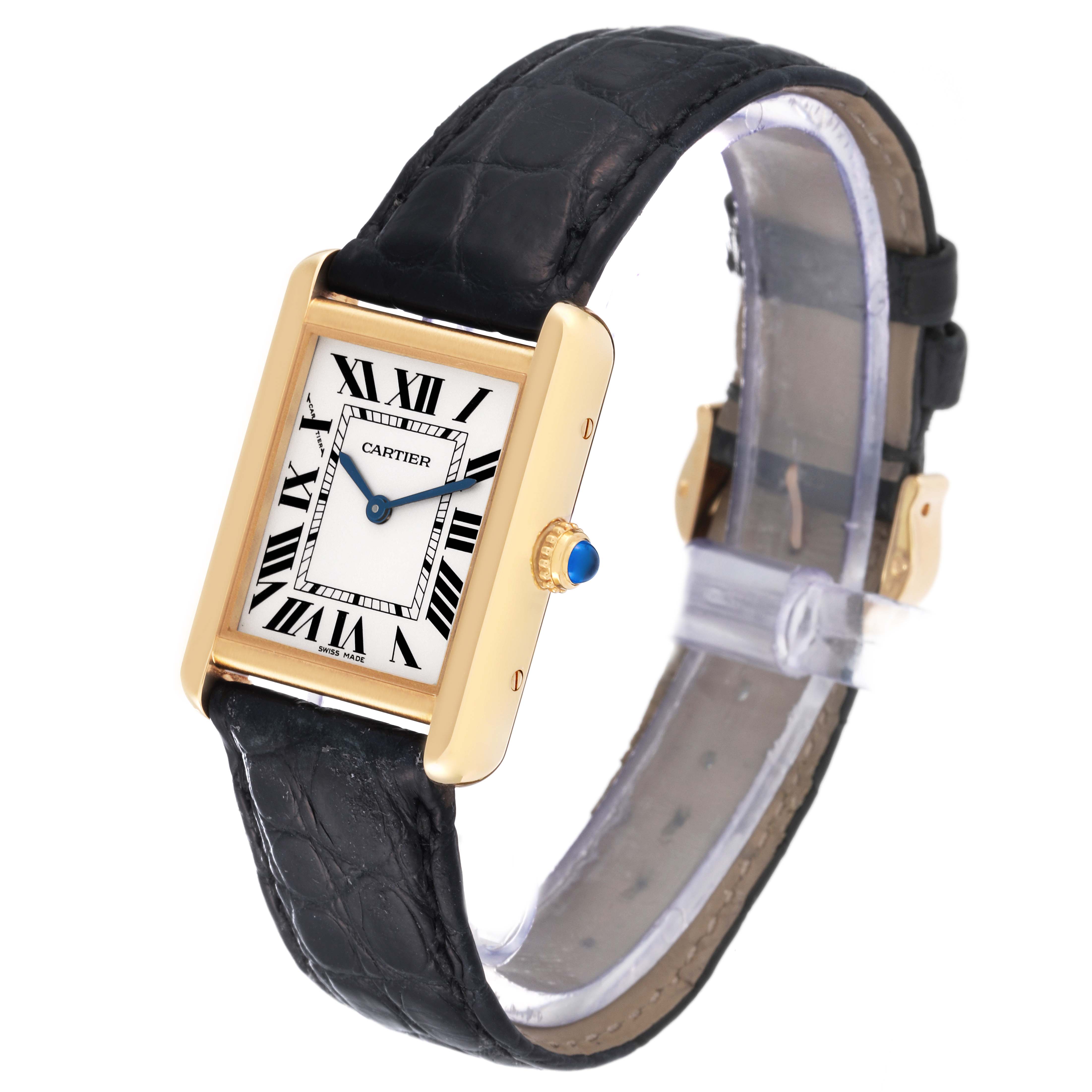 This image shows a Cartier Tank Solo W5200002 Women's Yellow Gold Silver Dial W5200002 Women's Yellow Gold Silver Dial watch at a three-quarter angle, displaying the face, bezel, strap, and crown.