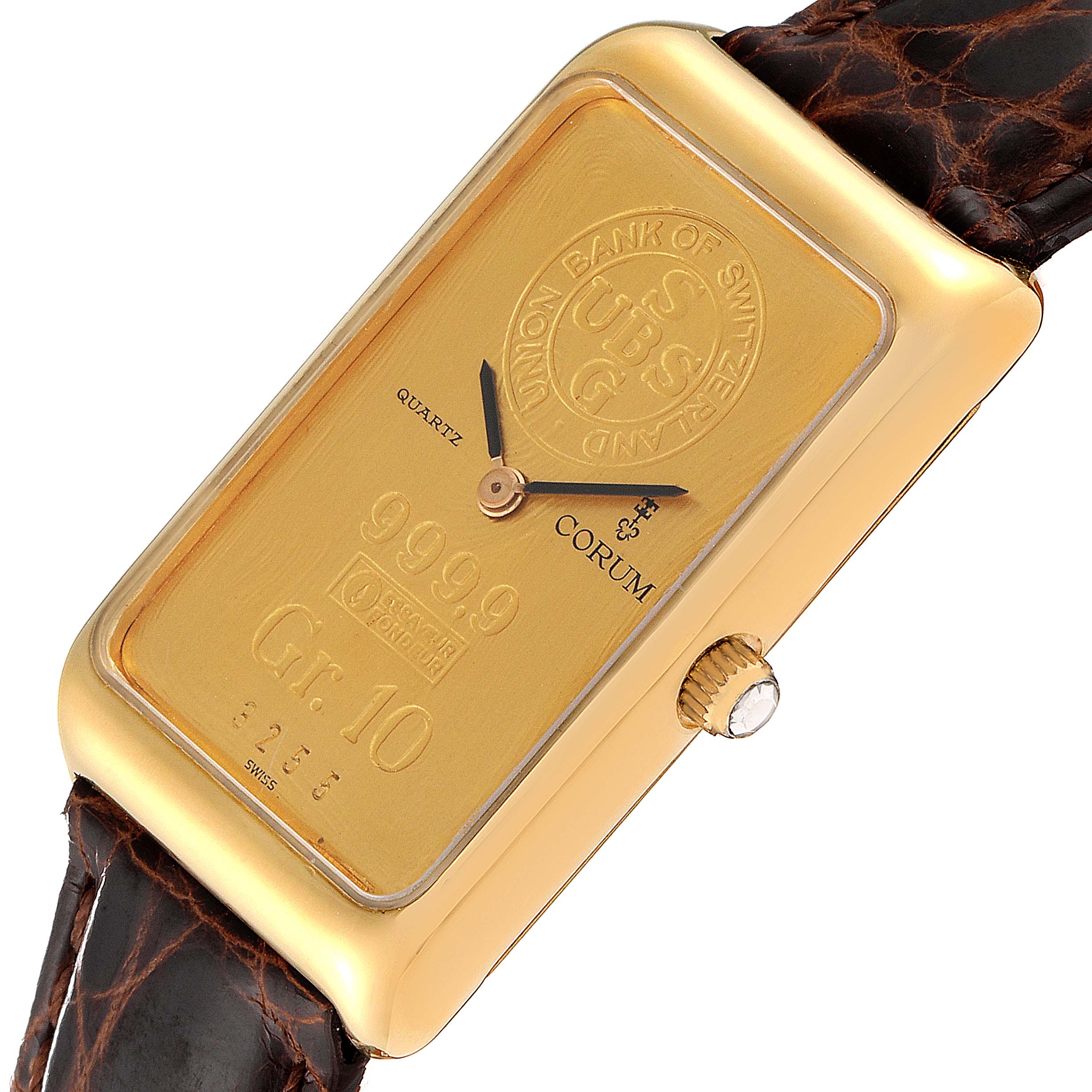 The image shows the face, bezel, and crown of the Corum Women's Yellow Gold Champagne Dial Women's Yellow Gold Champagne Dial 18K Yellow Gold 10 Gram Ingot 999.9 Ladies Watch.