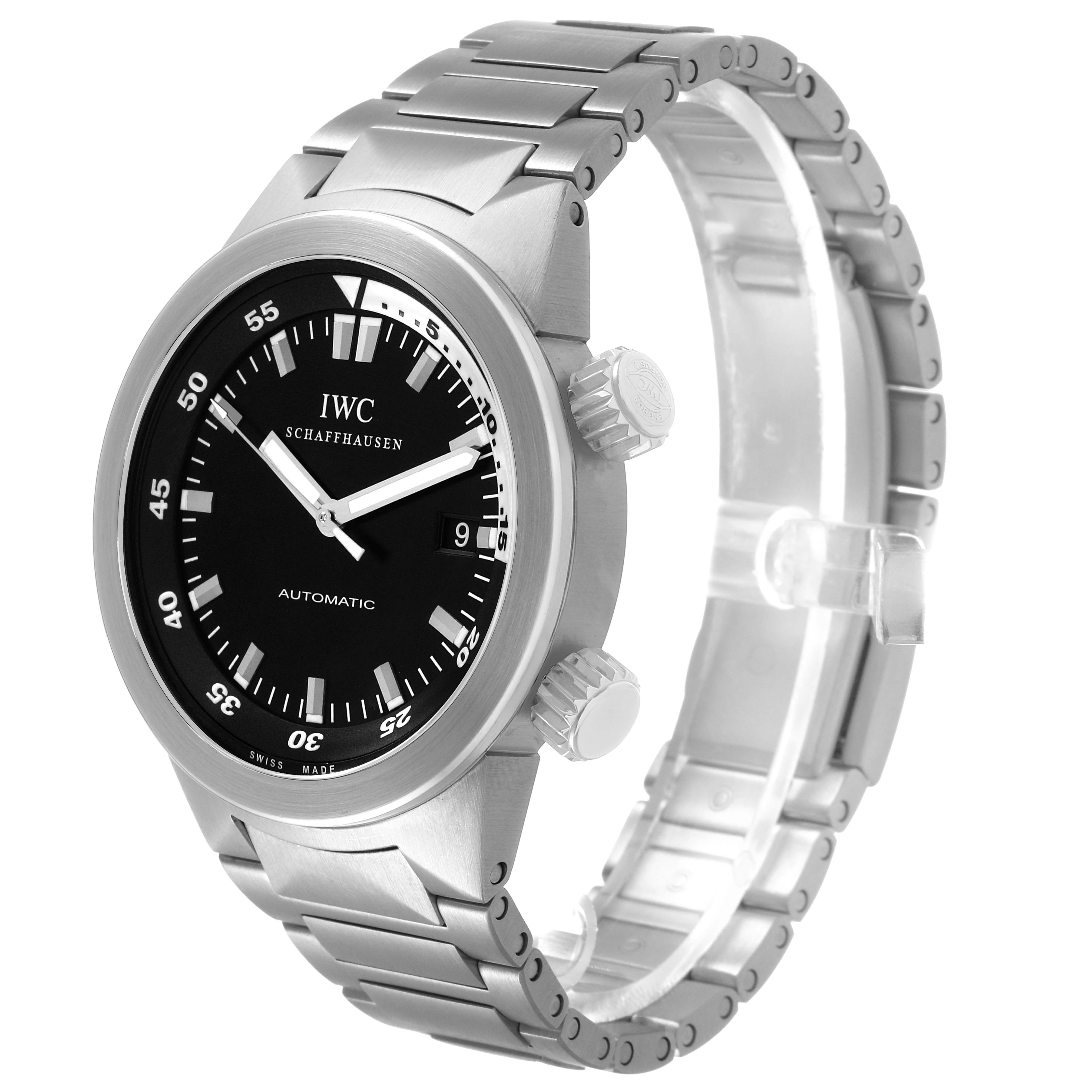 The IWC Aquatimer IW354805 Mens Stainless Steel Black Dial watch is shown at an angled side view, highlighting the face, bezel, crowns, and bracelet.