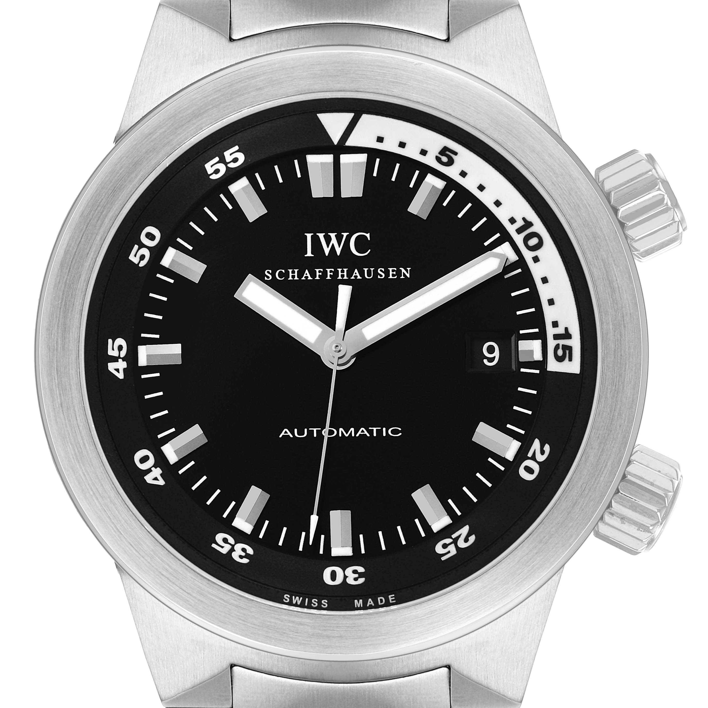 The IWC Aquatimer IW354805 Mens Stainless Steel Black Dial watch is shown from a top-down angle, featuring the dial, bezel, and two side crowns.