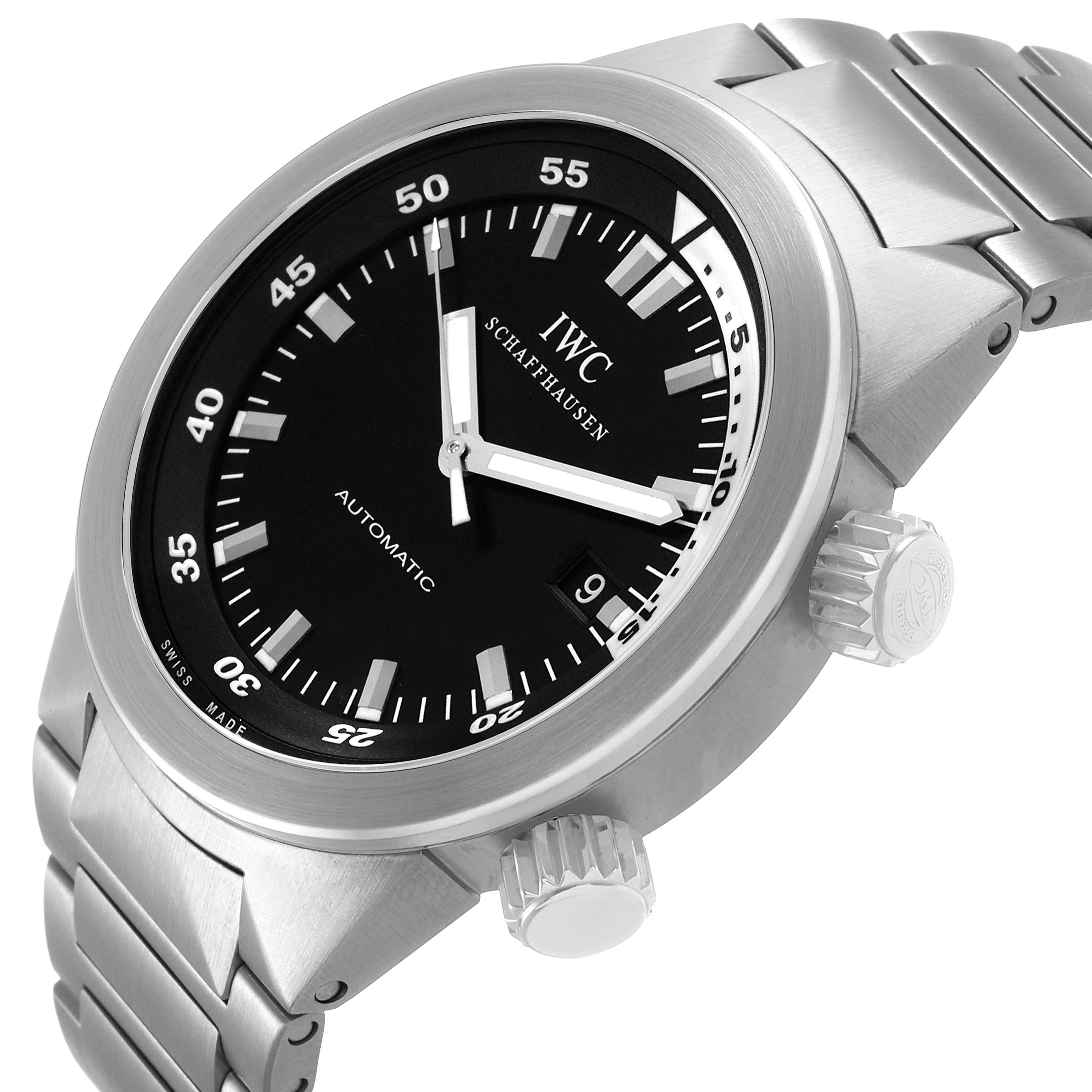 The IWC Aquatimer IW354805 Mens Stainless Steel Black Dial watch is shown at an angle highlighting the face, bezel, crown, and bracelet links.