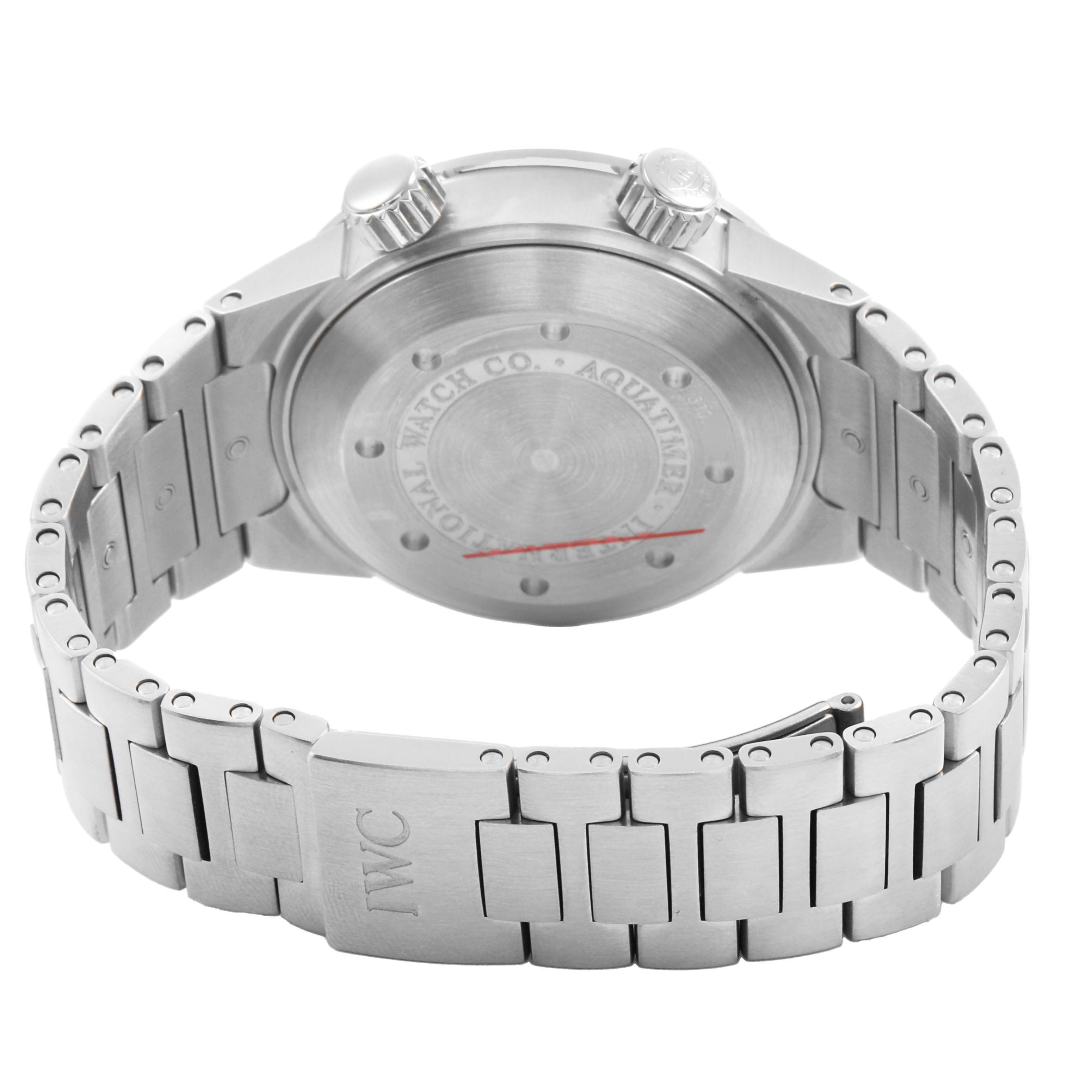 The image shows the back of the IWC Aquatimer IW354805 Mens Stainless Steel Black Dial watch, highlighting the case back, crown, and stainless steel bracelet.